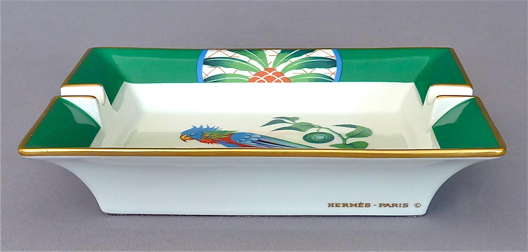 French Vintage Hermès Paris Porcelain Ashtray Parakeet Bird Motif Gilt Green Red Blue