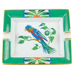 Vintage Hermès Paris Porcelain Ashtray Parakeet Bird Motif Gilt Green Red Blue