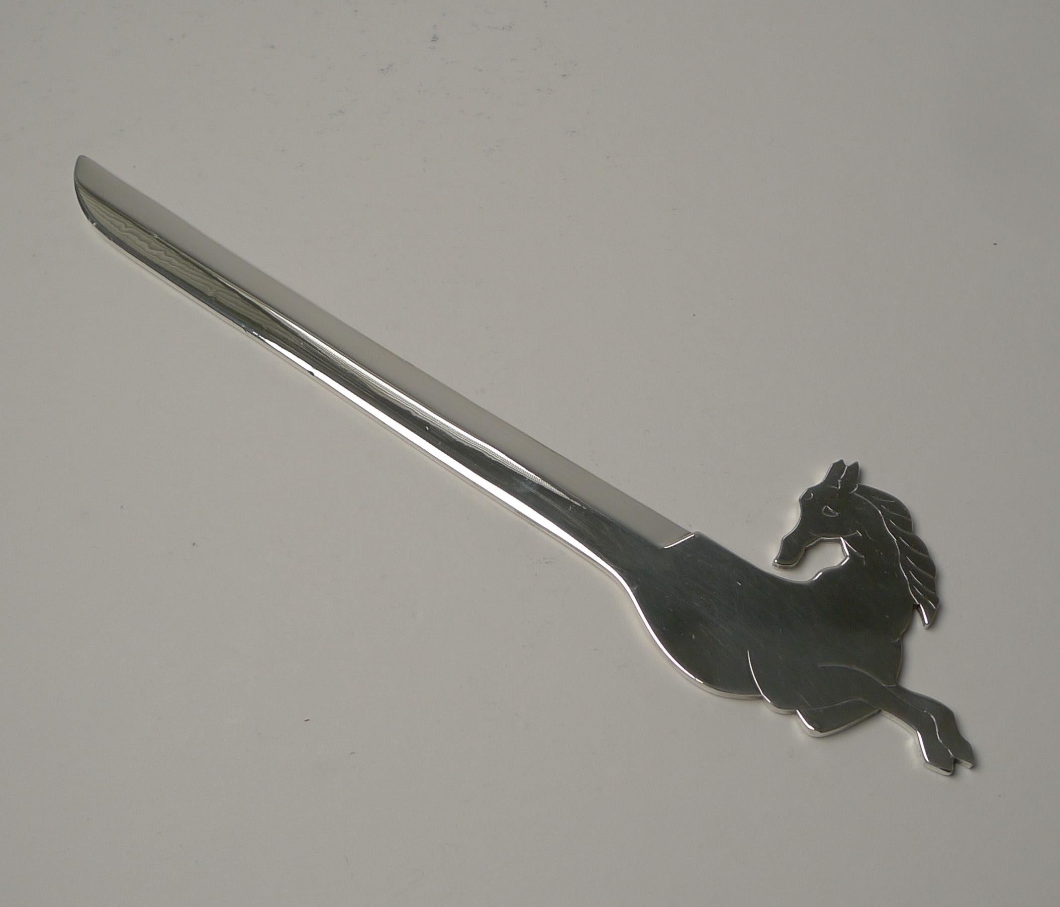 A superb and scarcely found letter opener made in silvered bronze, the handle in the form of a horse.

Dating to c.1960, the underside is fully marked 