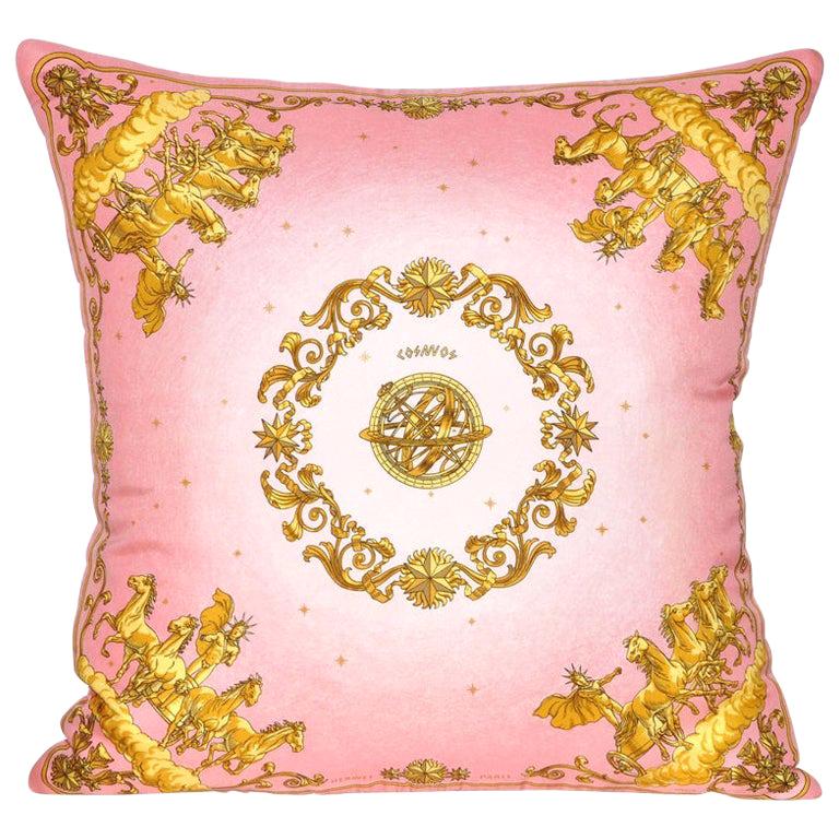Vintage Hermès Pink and Gold Silk Scarf and Irish Linen Cushion Pillow