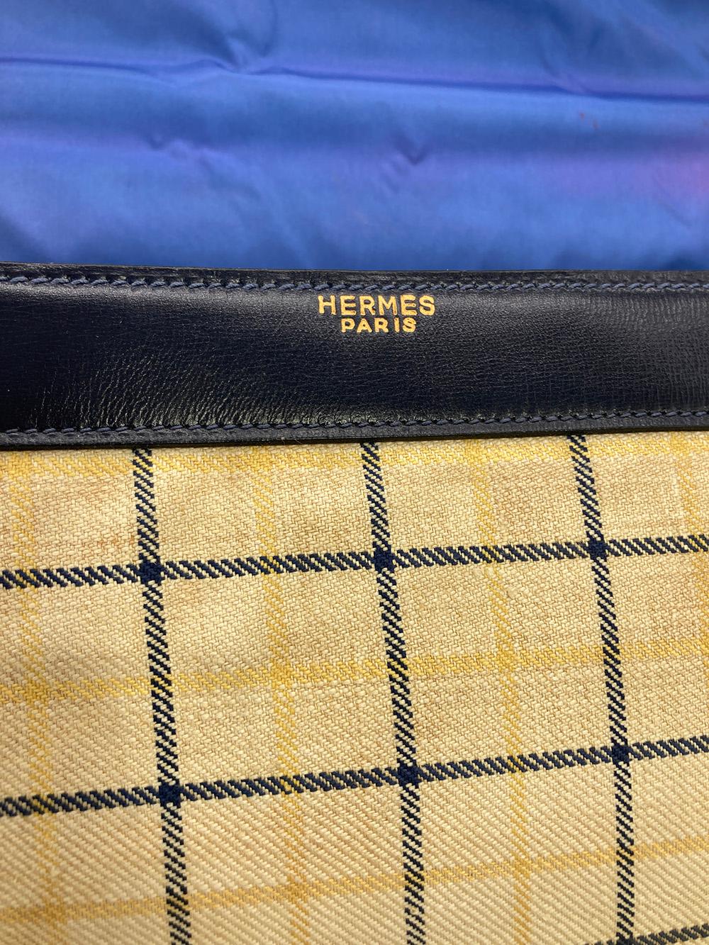 Vintage Hermes Plaid Canvas and Navy Leather Briefcase Tote 8