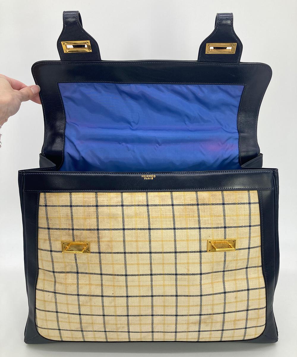 Vintage Hermes Plaid Canvas and Navy Leather Briefcase Tote 9