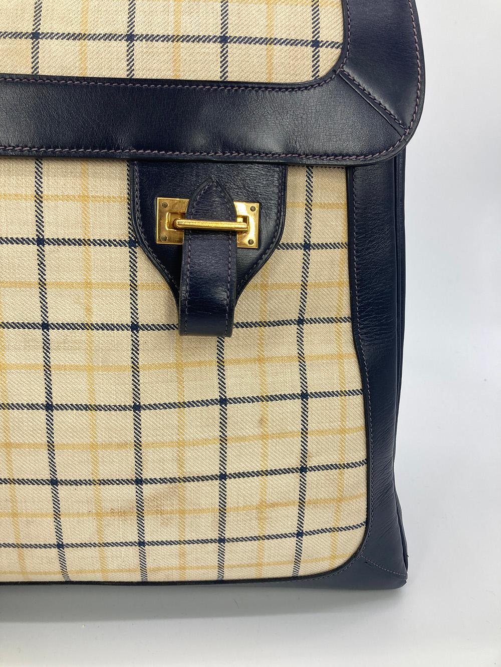 Vintage Hermes Plaid Canvas and Navy Leather Briefcase Tote In Fair Condition In Philadelphia, PA