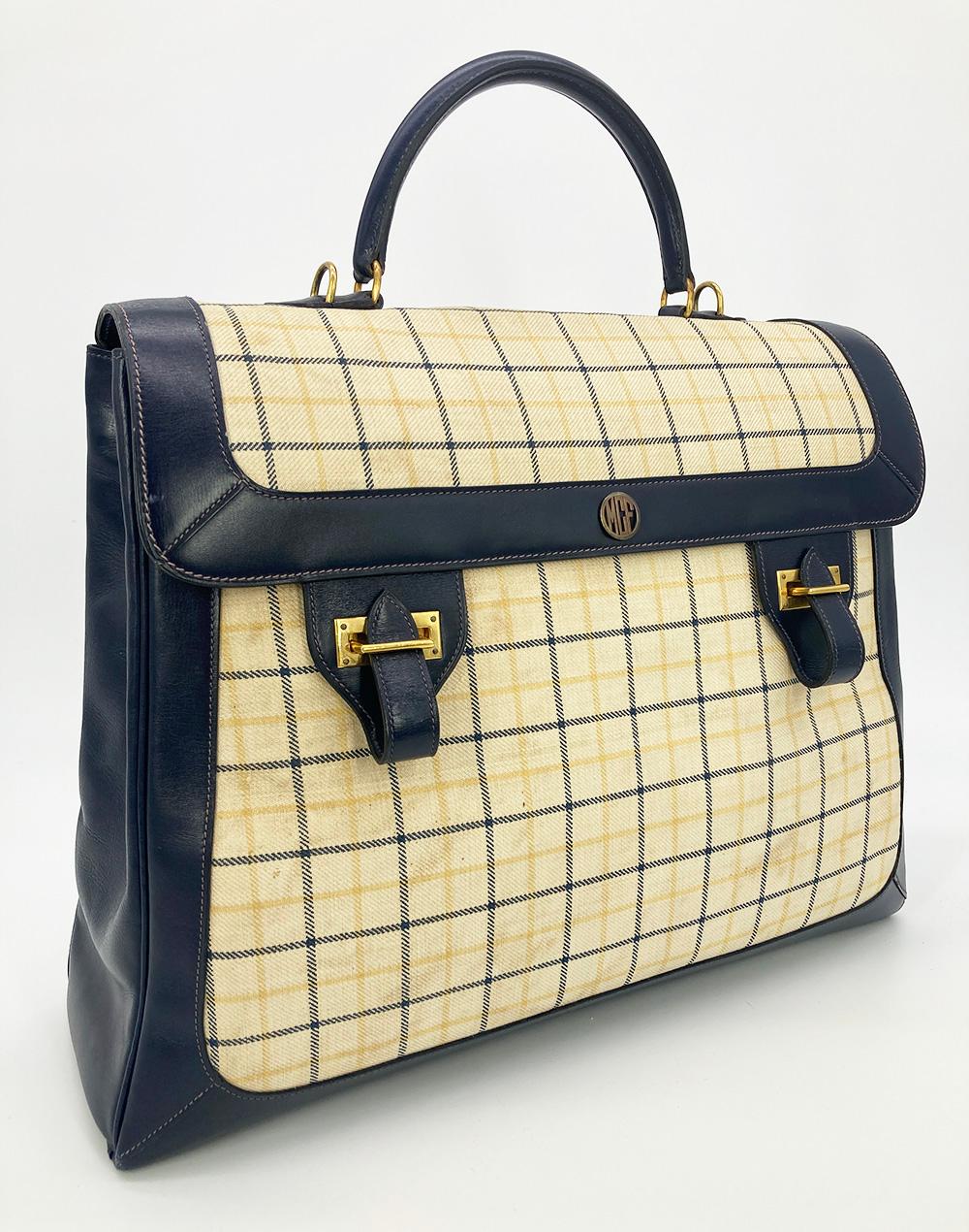 Women's Vintage Hermes Plaid Canvas and Navy Leather Briefcase Tote