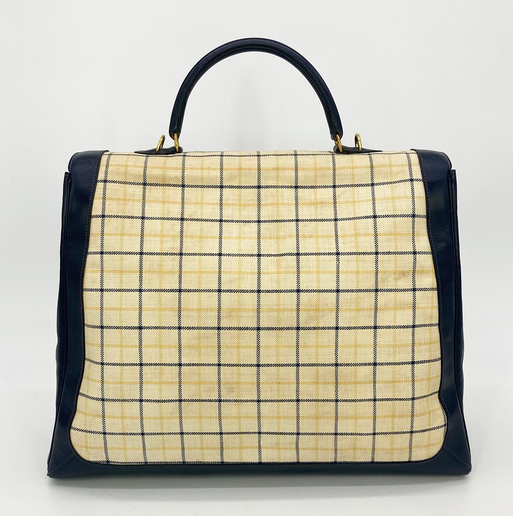 Vintage Hermes Plaid Canvas and Navy Leather Briefcase Tote 1