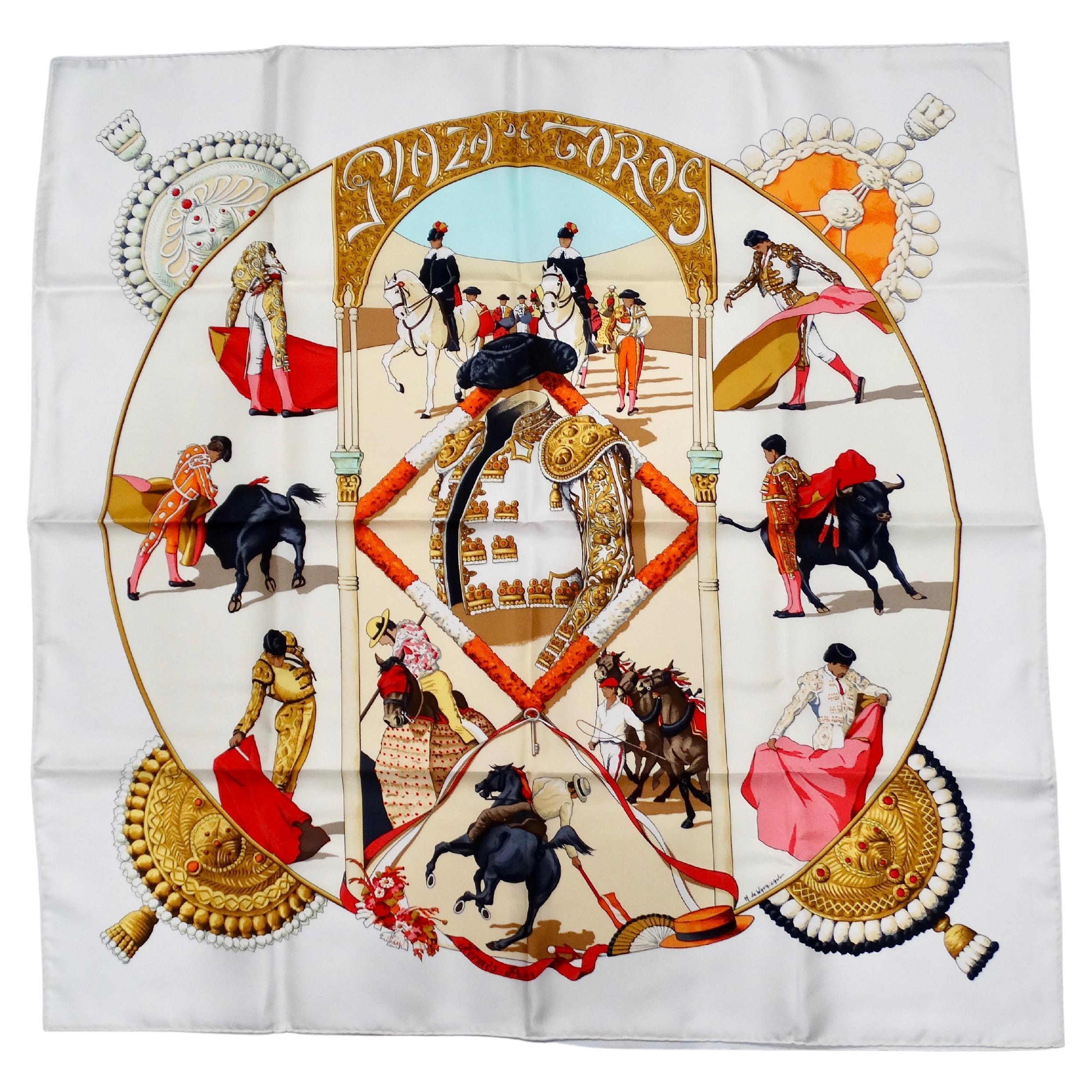 Vintage Hermes "Plaza de Toros" Matador Scene Printed Silk Scarf For Sale