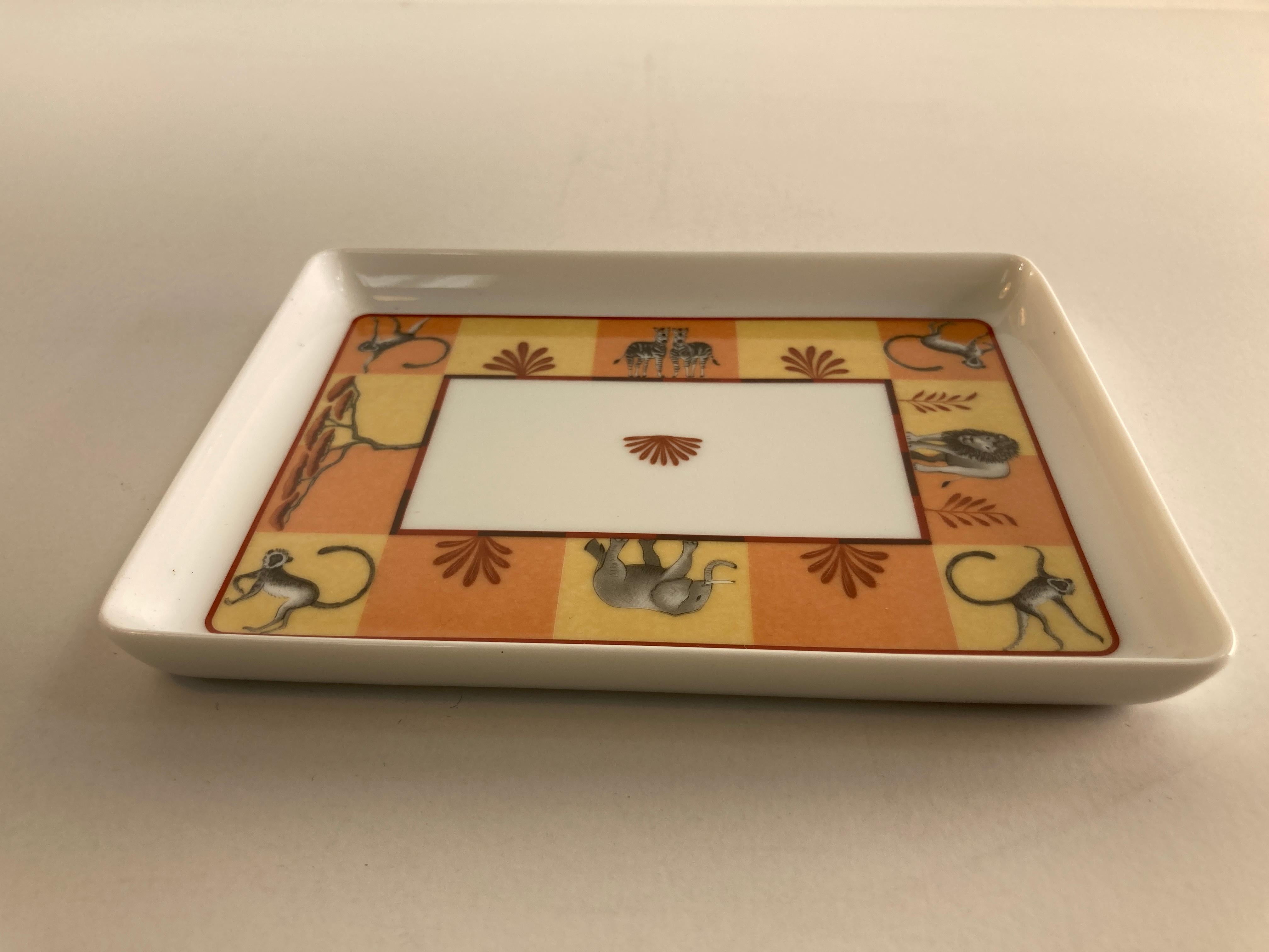 Hermes Porcelain Trinket Dish with Africa Orange Safari Design 9
