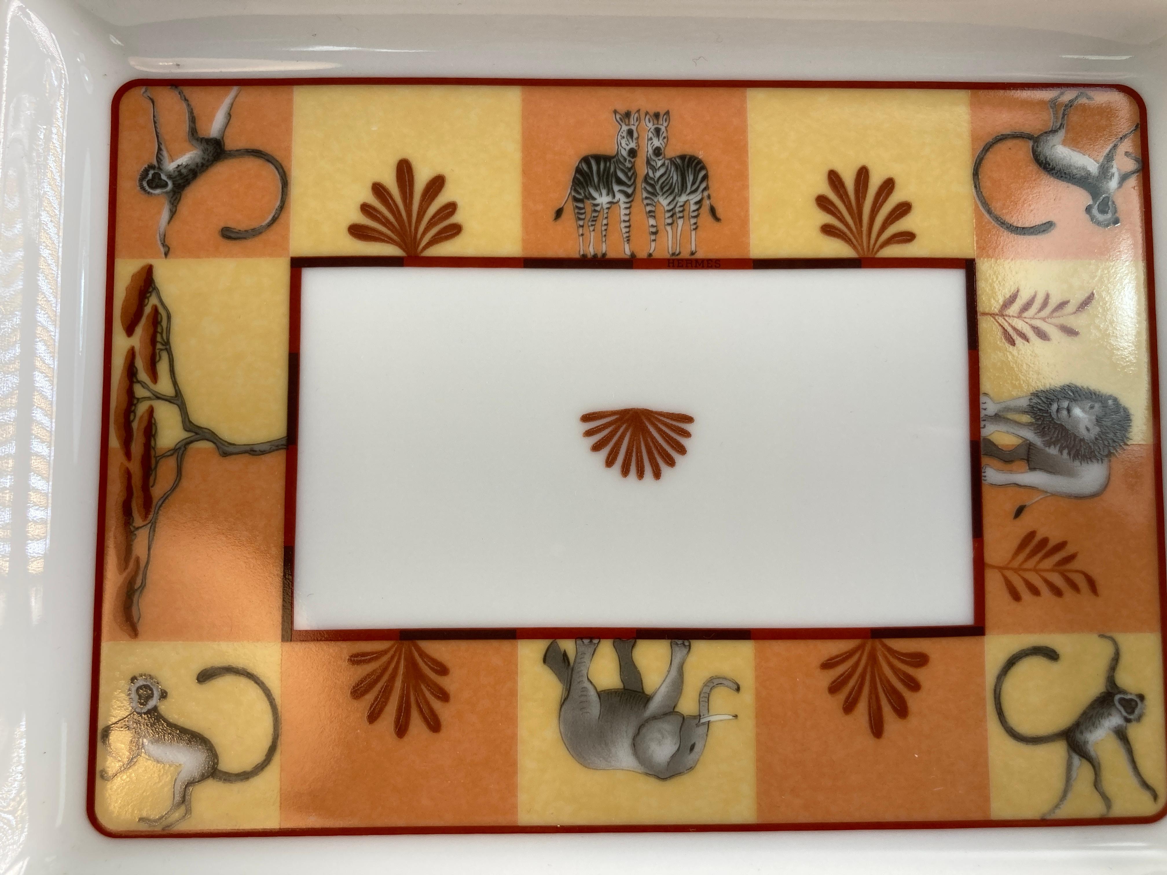 Hand-Crafted Hermes Porcelain Trinket Dish with Africa Orange Safari Design