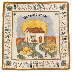 Vintage Hermes "Retour a La Terre" Silk Pocket Square with Original Square Box