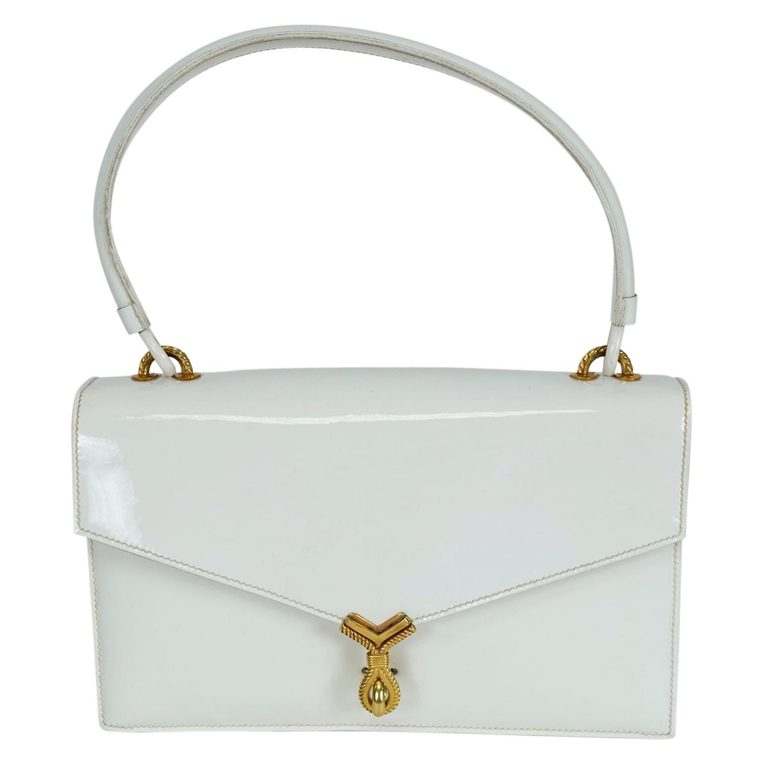 Vintage Hermès Sac Cordelière White Patent Leather Envelope Handbag- 25 cm, 1951 For Sale