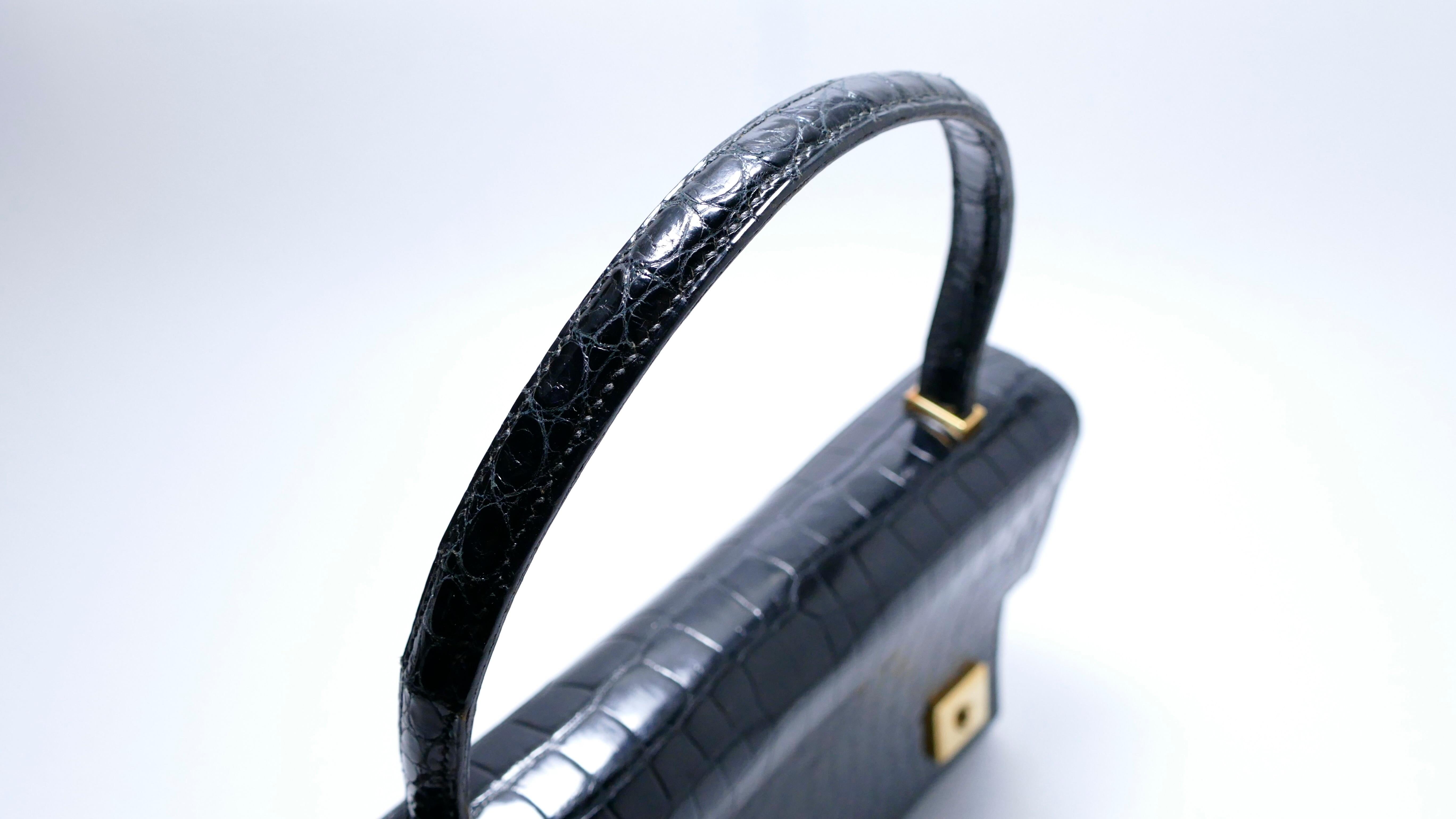 Vintage Hermes Shiny Black Porosus Crocodile Piano Gold Hardware Handbag 1962 1