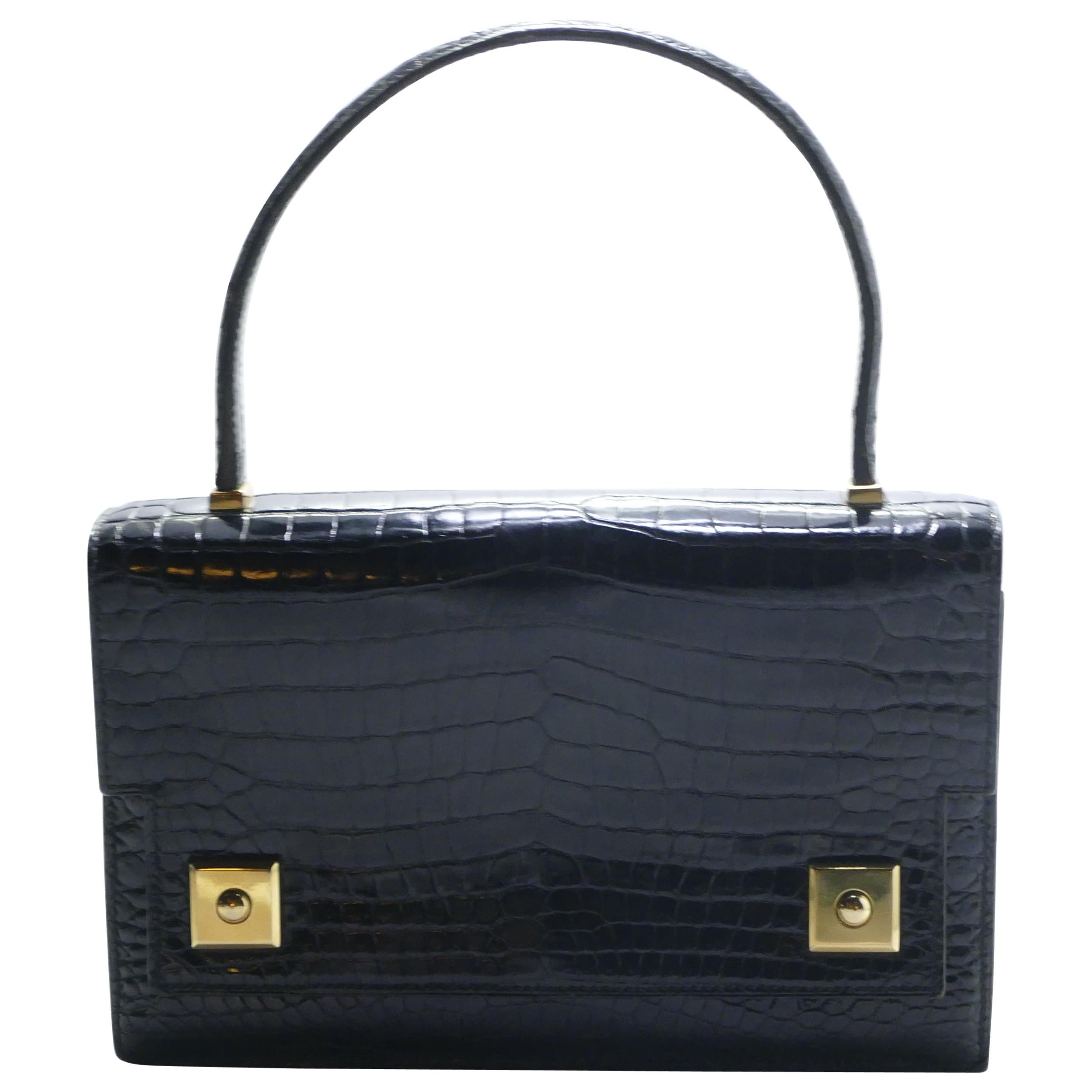 Vintage Hermes Shiny Black Porosus Crocodile Piano Gold Hardware Handbag 1962