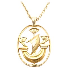 Vintage Hermes Ship Yellow Gold Pendant Chain Necklace