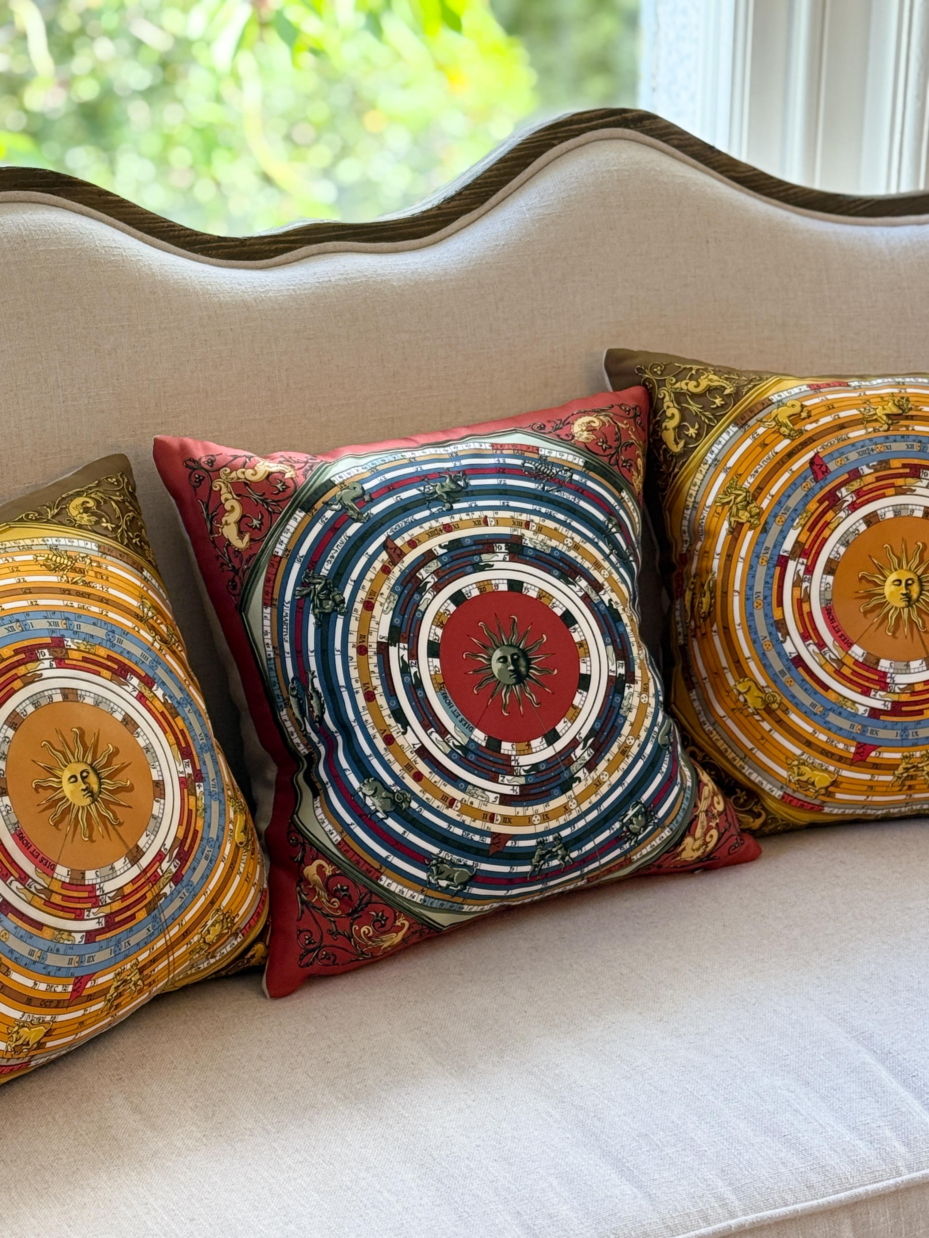 Art Deco Vintage Hermes Silk Astrology Scarf Backed in Irish Linen Pillow Rust Red For Sale