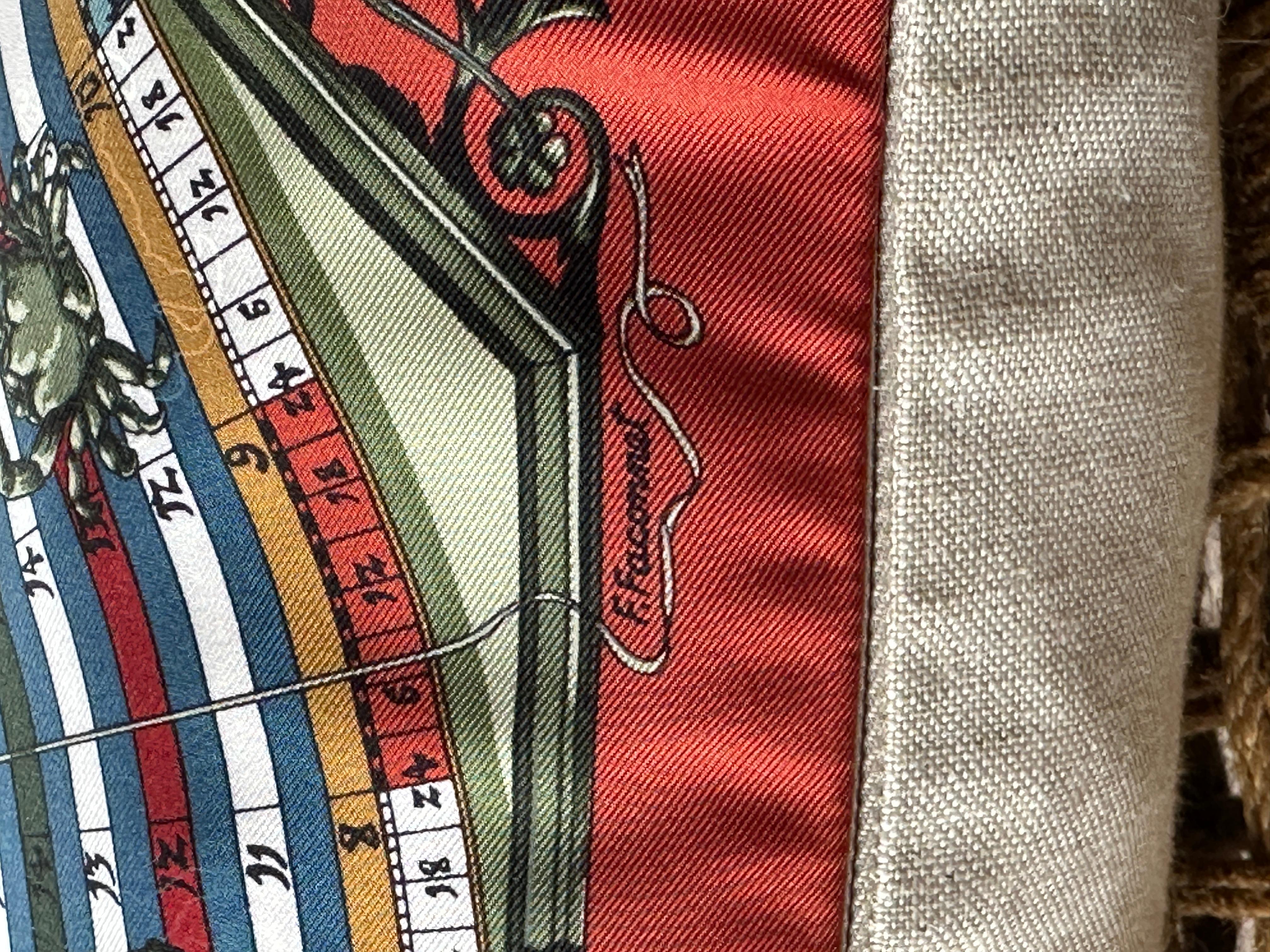 Hand-Crafted Vintage Hermes Silk Astrology Scarf Backed in Irish Linen Pillow Rust Red For Sale