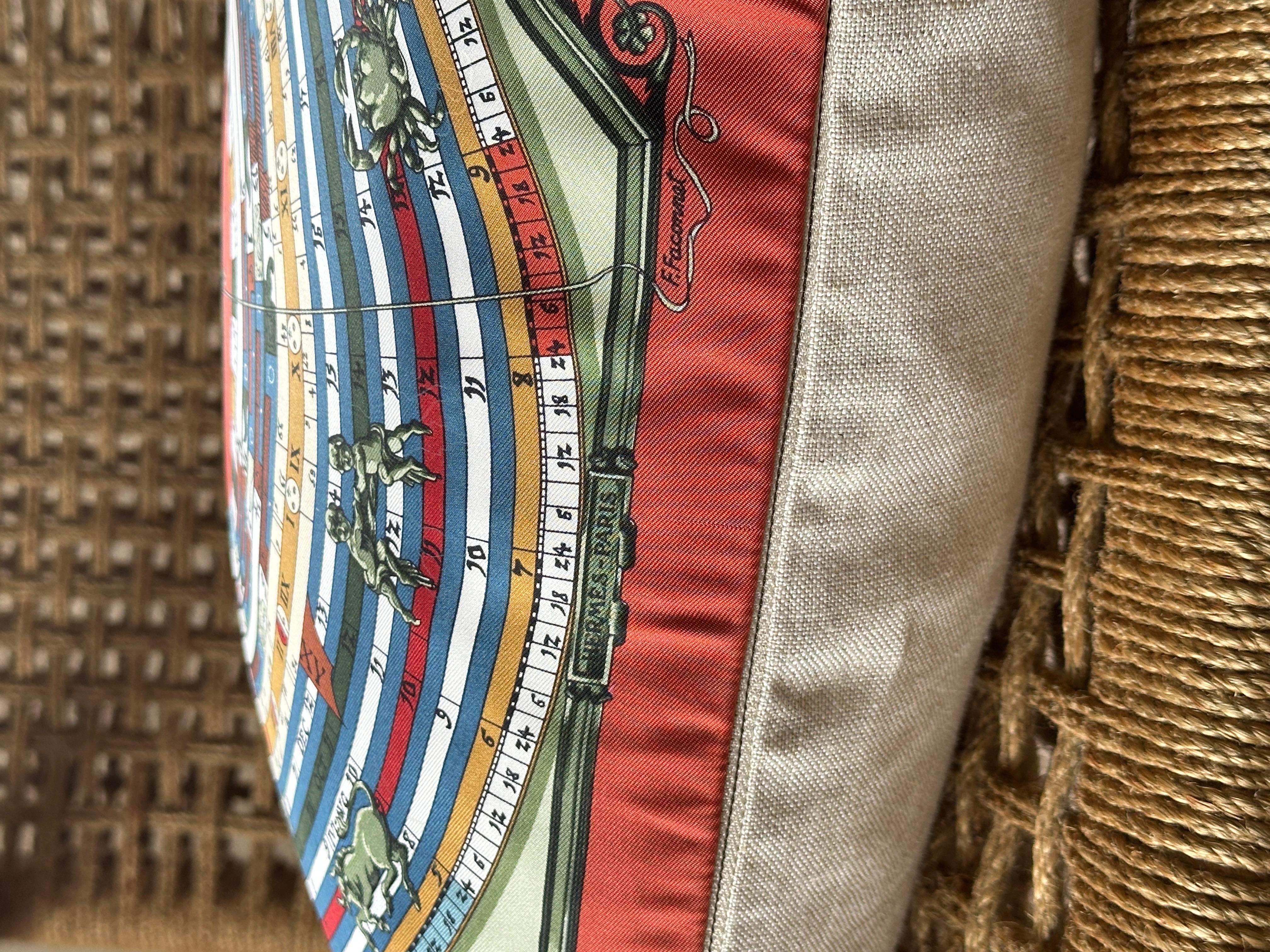 20th Century Vintage Hermes Silk Astrology Scarf Backed in Irish Linen Pillow Rust Red For Sale