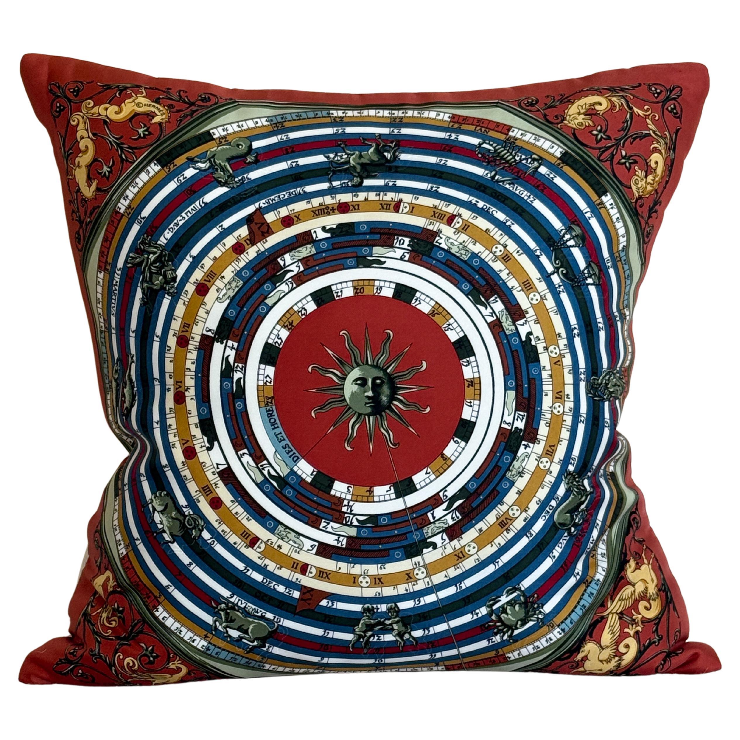 Vintage Hermes Silk Astrology Scarf Backed in Irish Linen Pillow Rust Red For Sale