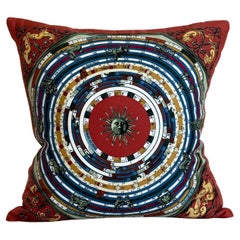 Vintage Hermes Silk Astrology Scarf Backed in Irish Linen Pillow Rust Red