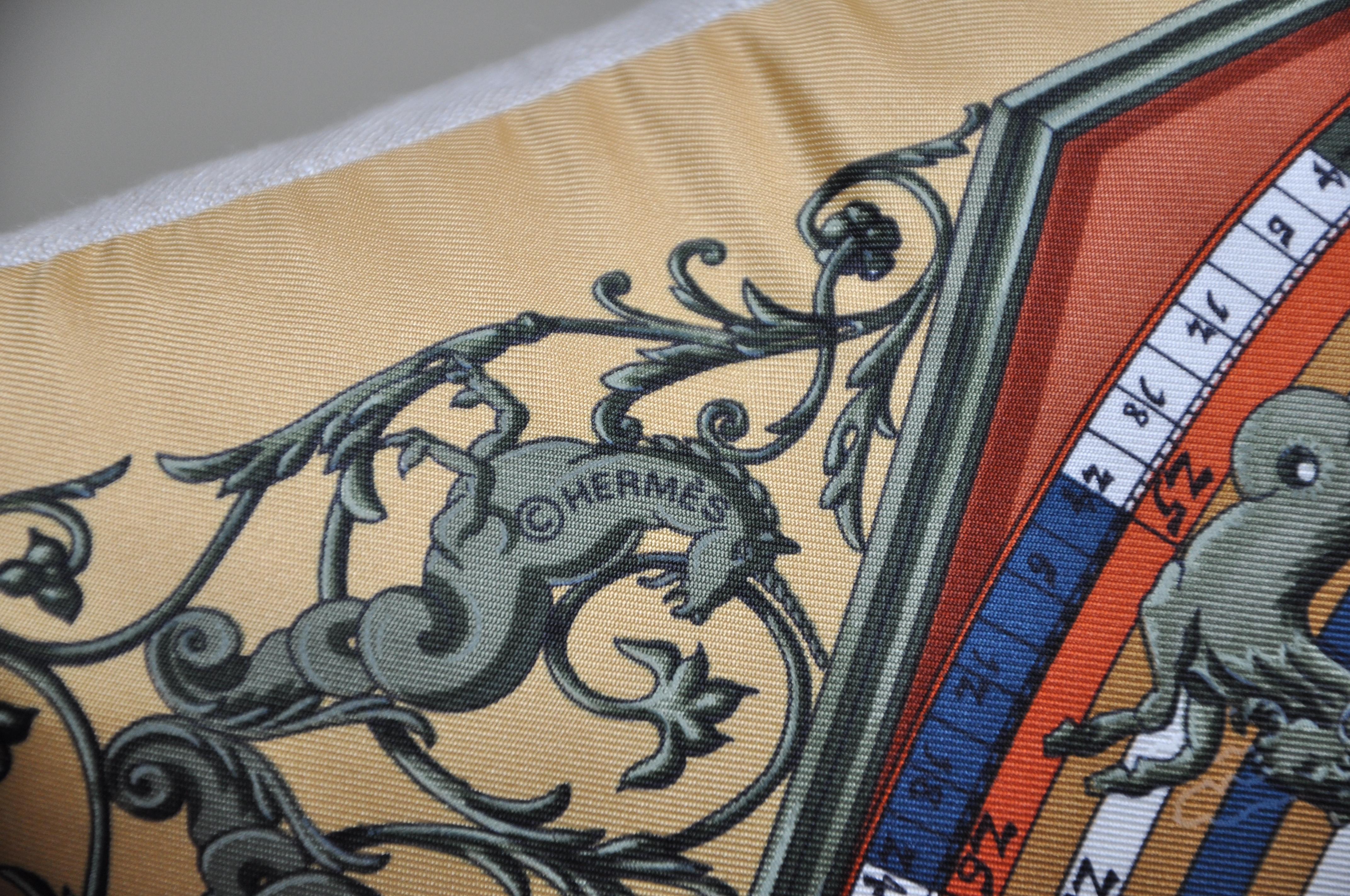 Art Deco Vintage Hermes Silk Astrology Scarf Backed in Irish Linen Pillow Tan Taupe Ochre