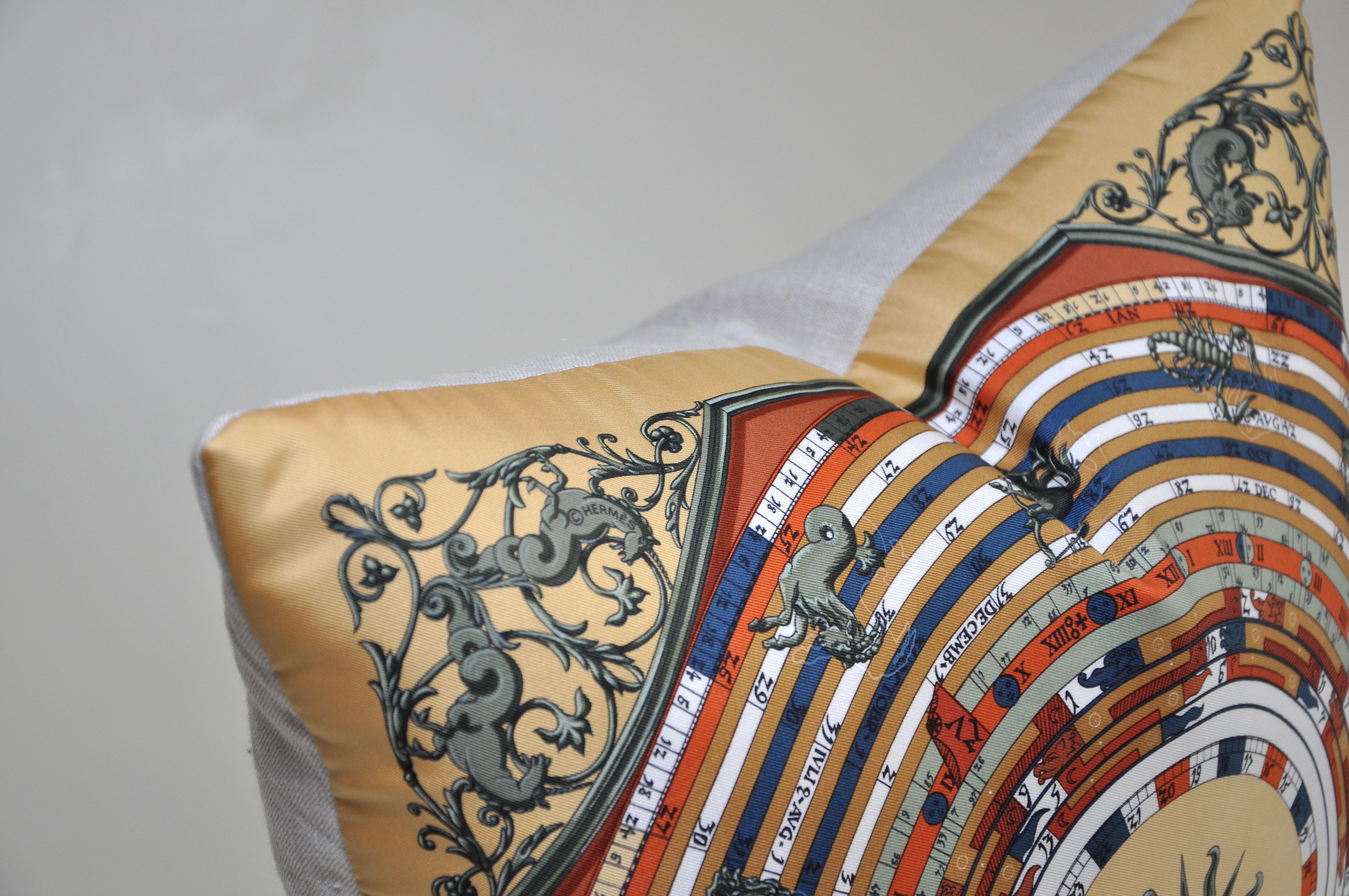 Hand-Crafted Vintage Hermes Silk Astrology Scarf Backed in Irish Linen Pillow Tan Taupe Ochre