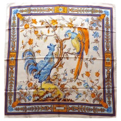 Antique HERMES Silk Carre "Chanteclair", Rare Hermes Silk Scarf