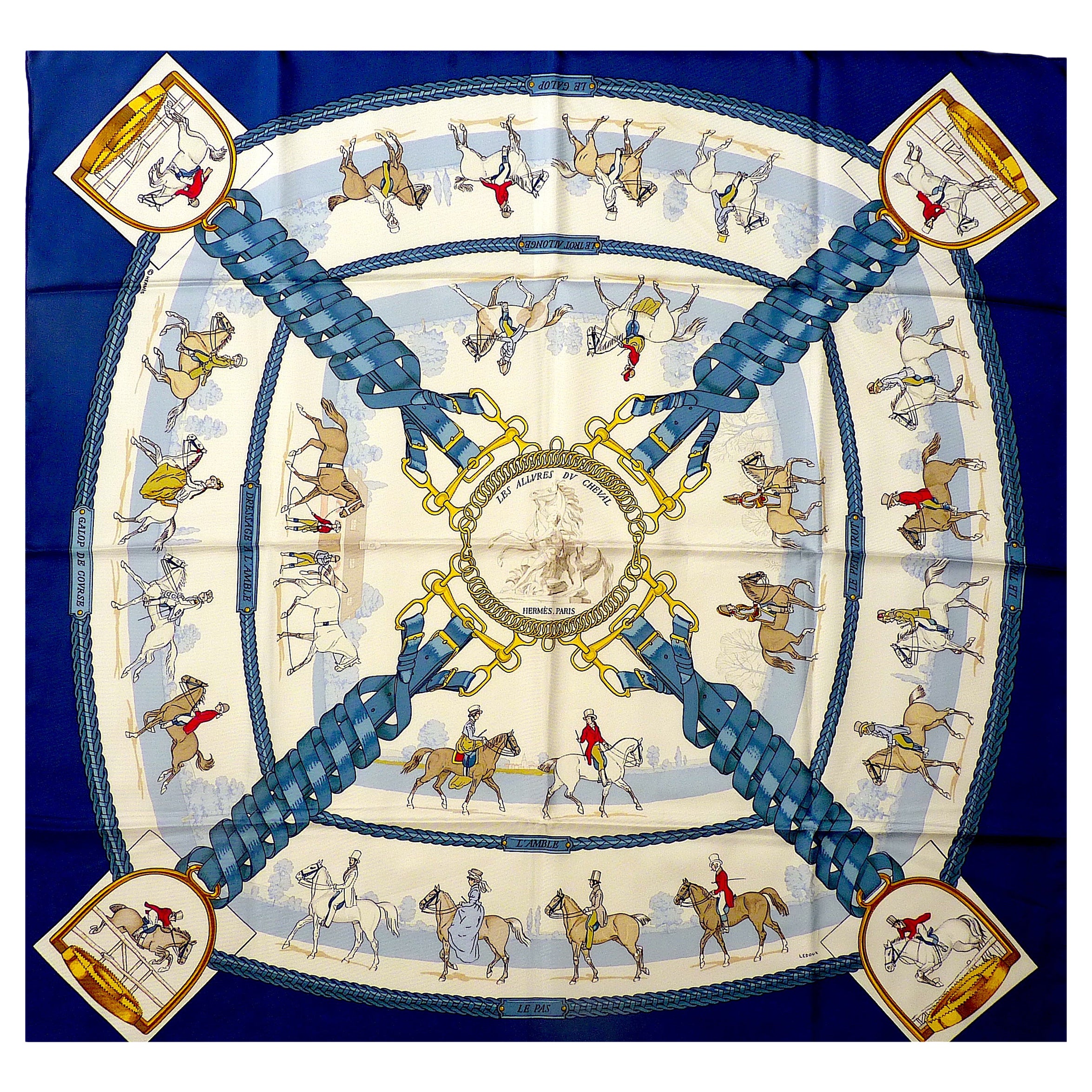 Sciarpa di seta Hermes vintage 35" "Allures du Cheval" di LeDoux 1970 in vendita