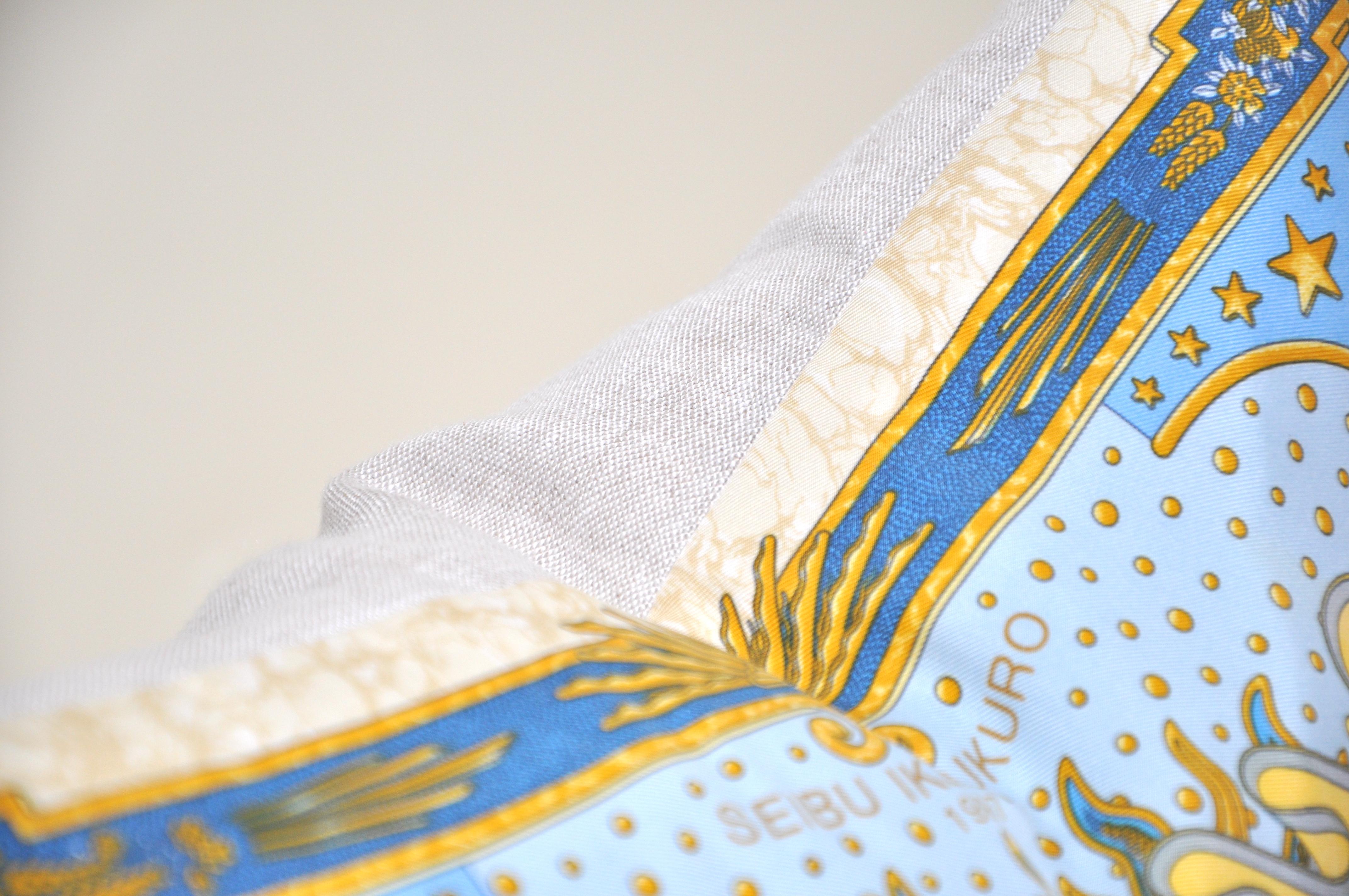 20th Century Vintage Hermes Silk Scarf and Irish Linen Luxury Cushion Pillow Blue and Gold