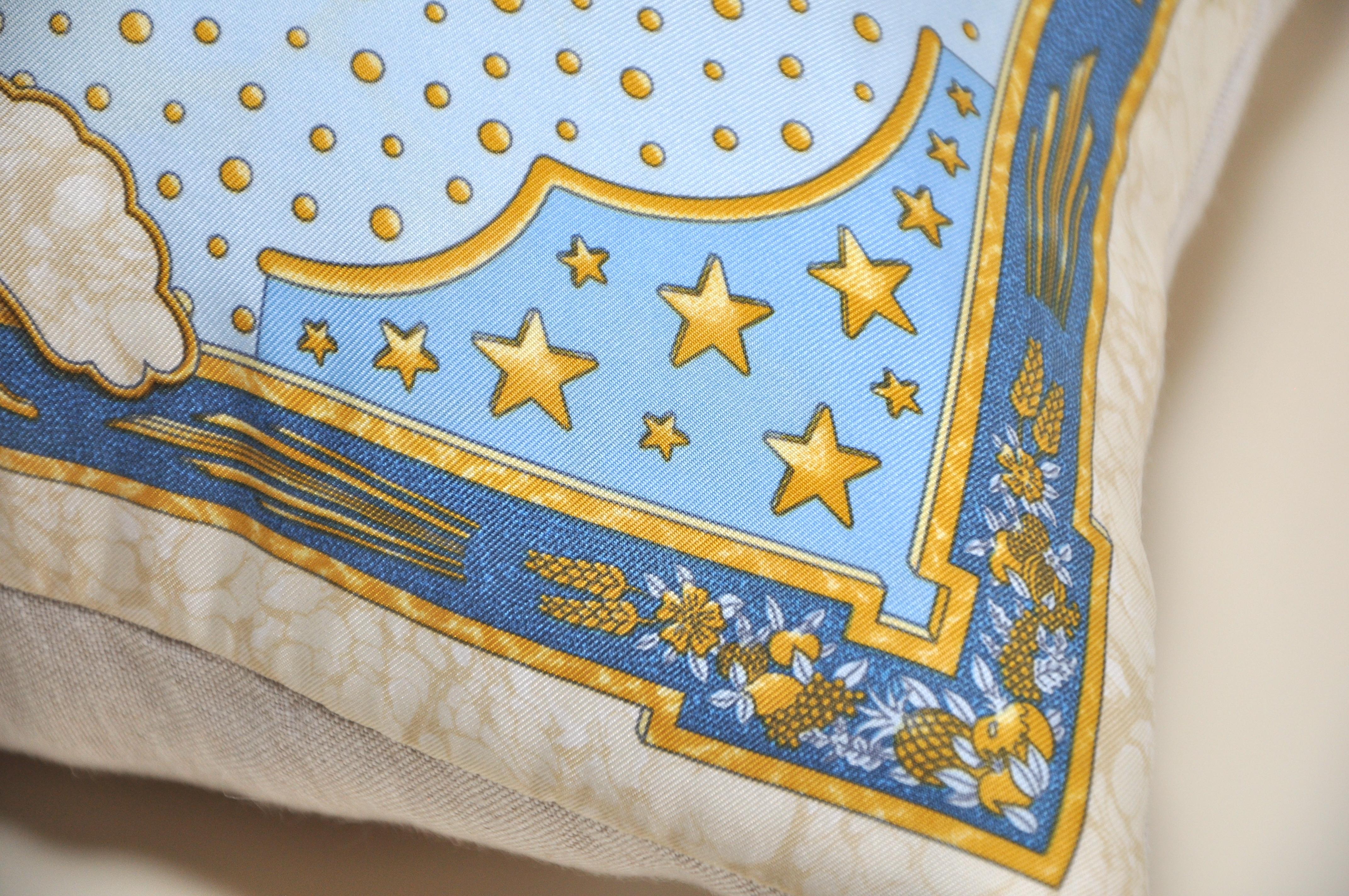 Vintage Hermes Silk Scarf and Irish Linen Luxury Cushion Pillow Blue and Gold 3