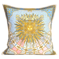 Vintage Hermes Silk Scarf and Irish Linen Luxury Cushion Pillow Blue and Gold
