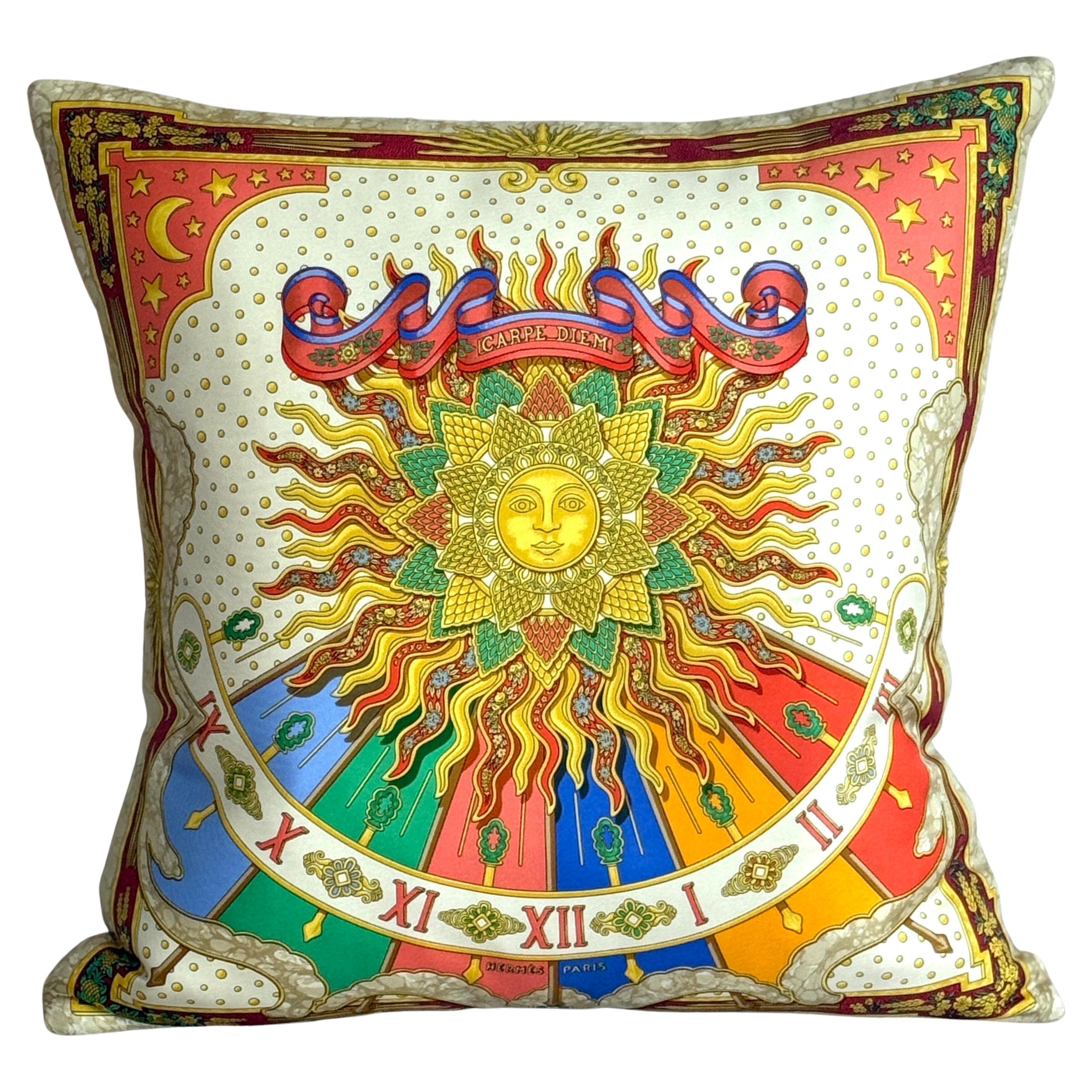 Vintage Hermes Silk Scarf and Irish Linen Luxury Cushion Pillow Orange Blue