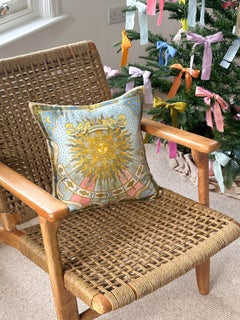 Vintage Hermes Silk Scarf and Irish Linen Luxury Cushion Pillow Pale Blue Gold