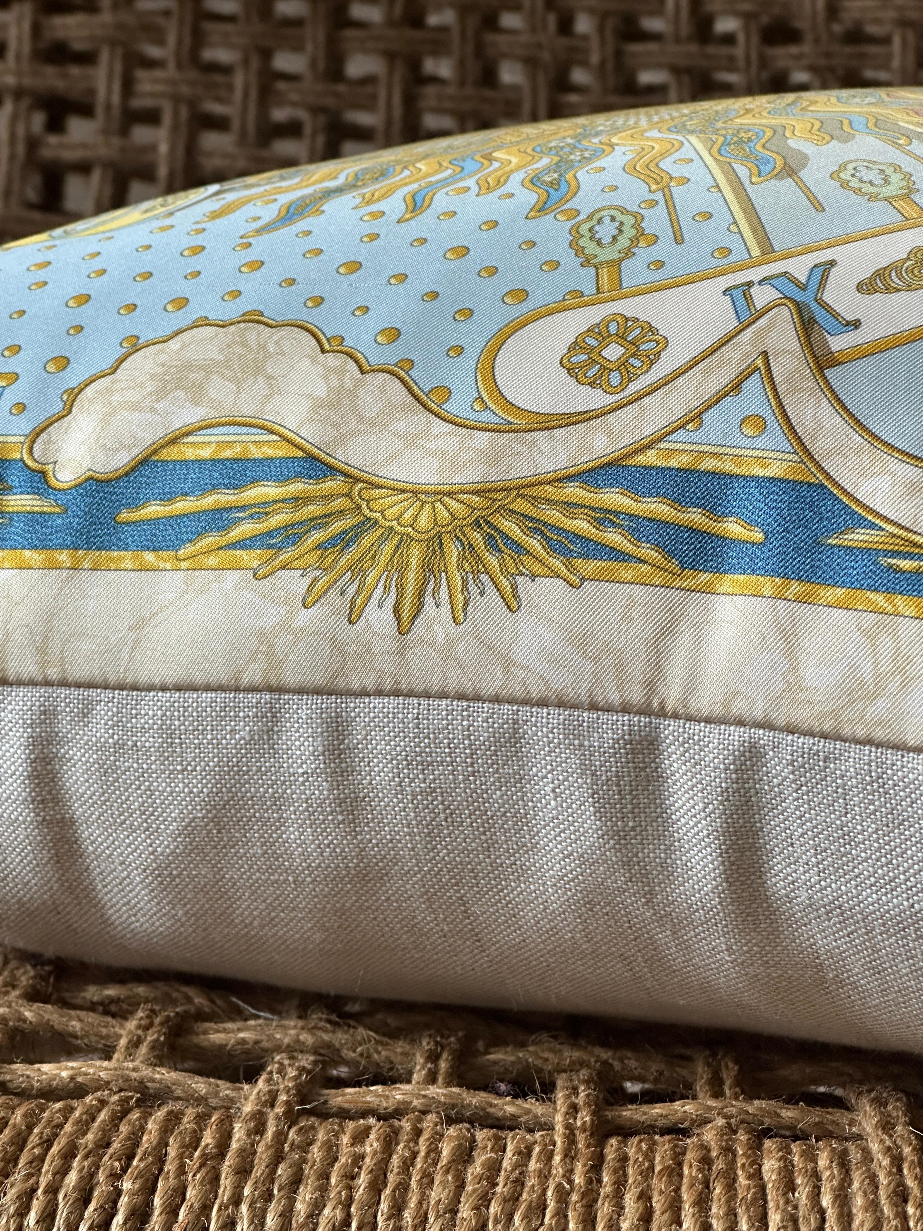 Textile Vintage Hermes Silk Scarf and Irish Linen Luxury Cushion Pillow Pale Blue Gold For Sale