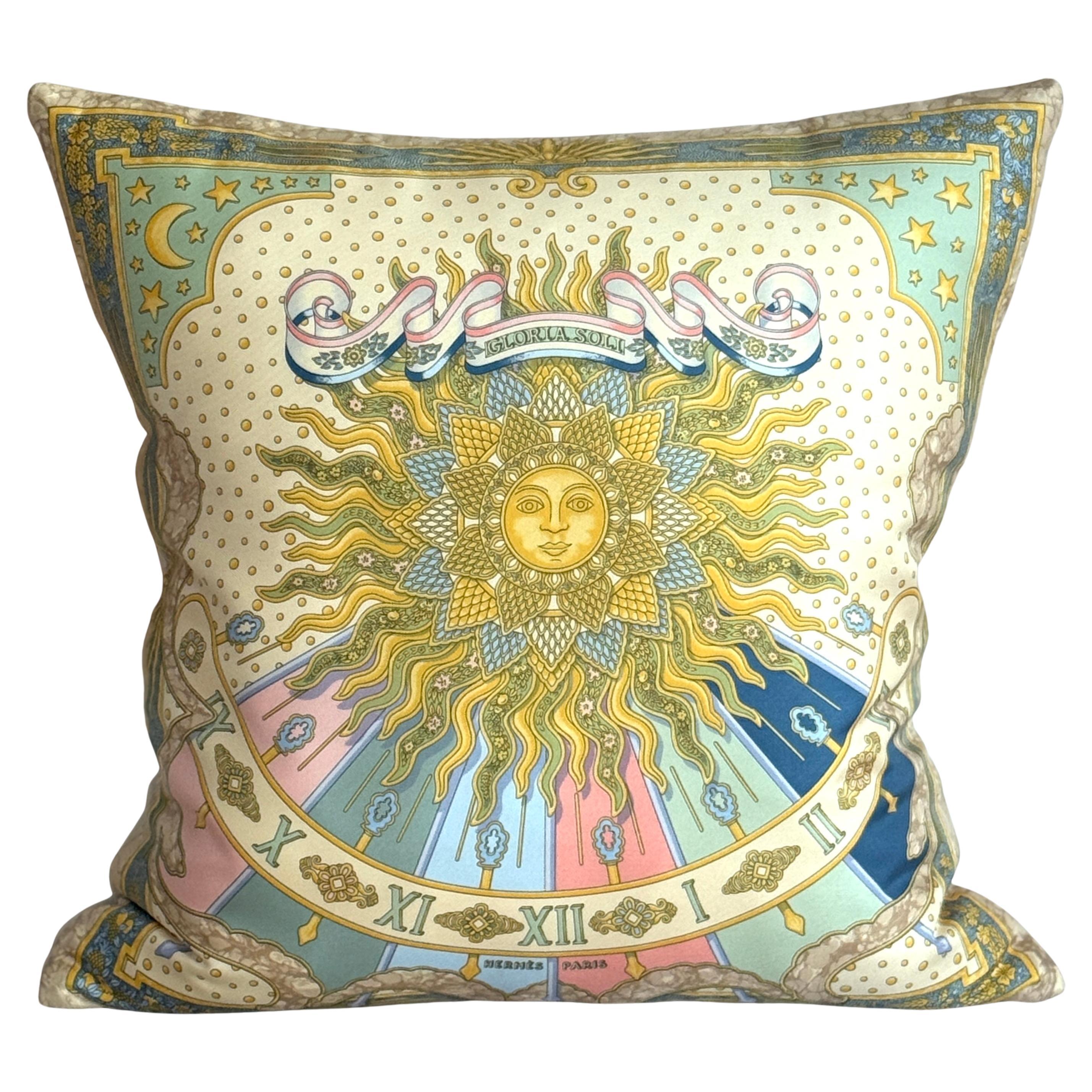 Vintage Hermes Silk Scarf and Irish Linen Luxury Cushion Pillow Pastel Blue Pink For Sale