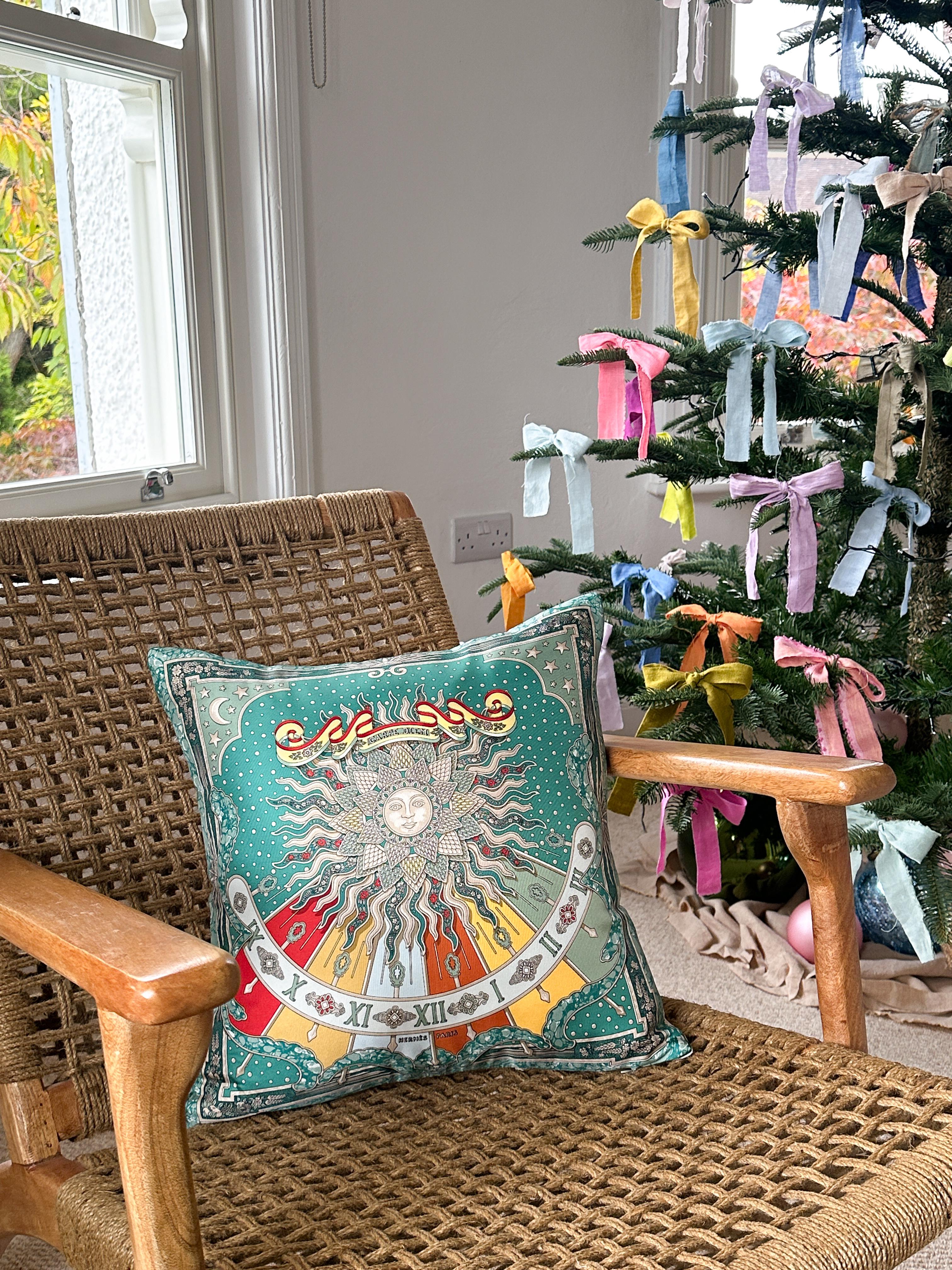 Art Deco Vintage Hermes Silk Scarf and Irish Linen Luxury Cushion Pillow Teal Turquoise For Sale