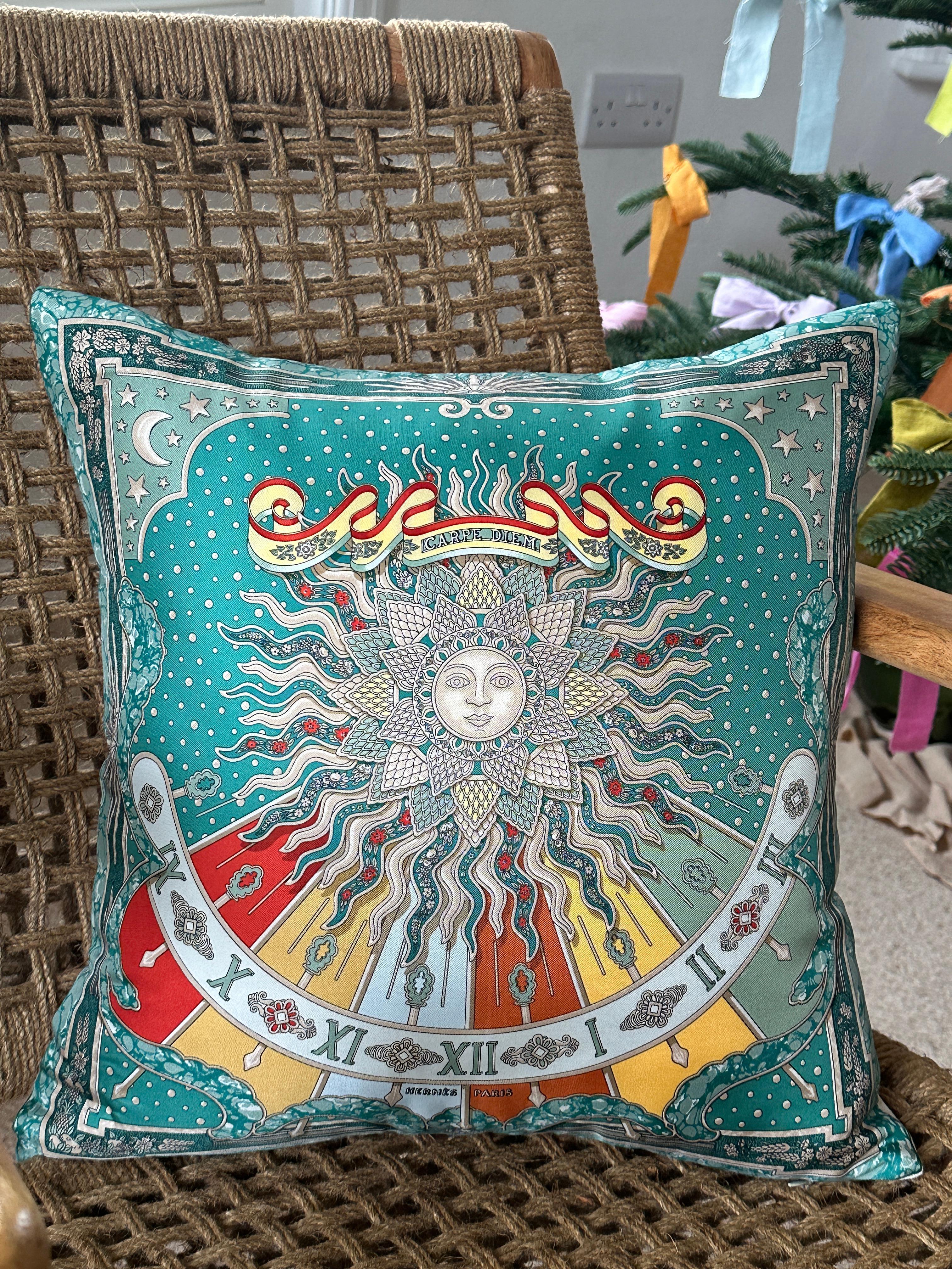 French Vintage Hermes Silk Scarf and Irish Linen Luxury Cushion Pillow Teal Turquoise For Sale