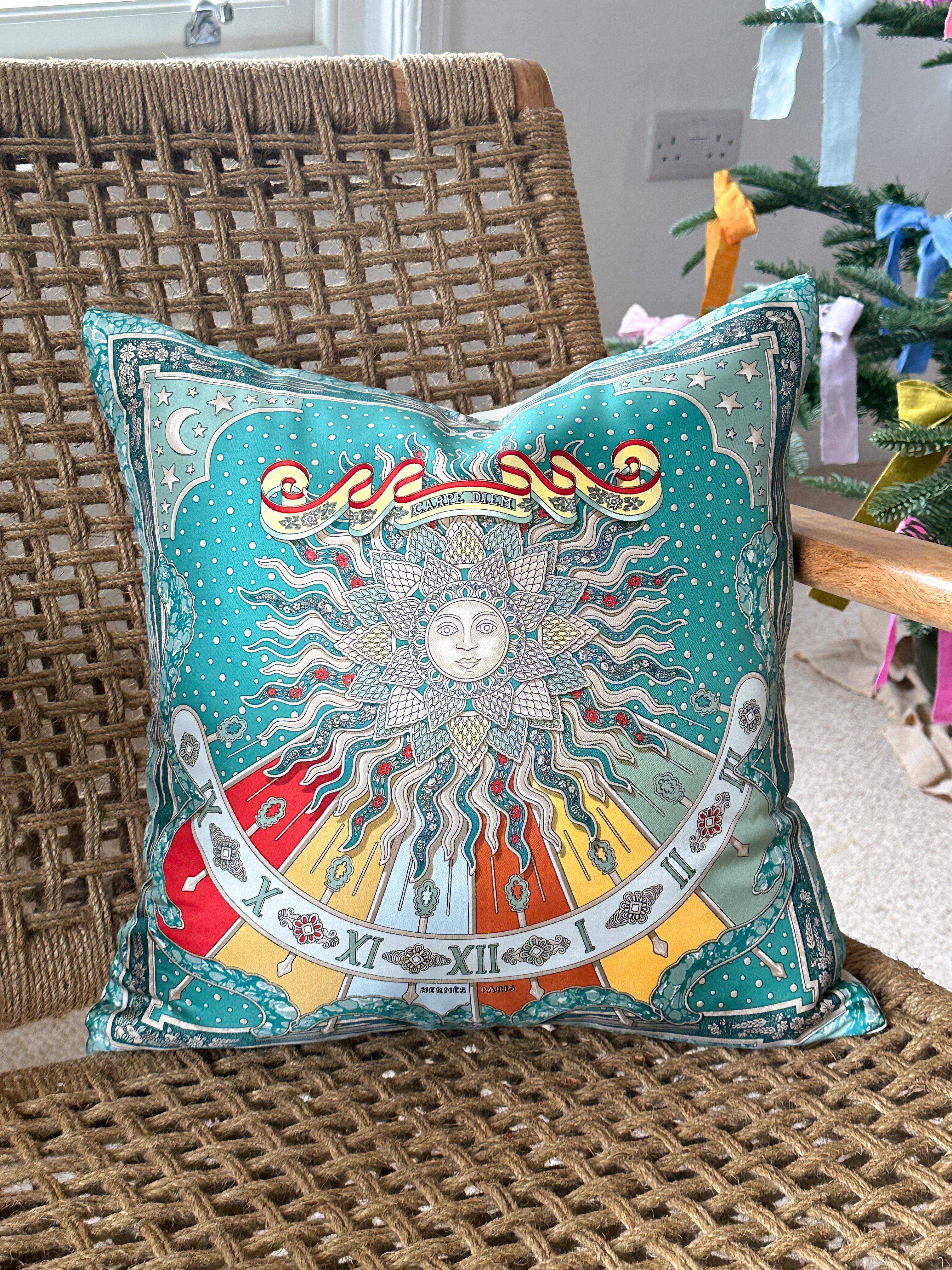 Vintage Hermes Silk Scarf and Irish Linen Luxury Cushion Pillow Teal Turquoise For Sale 4
