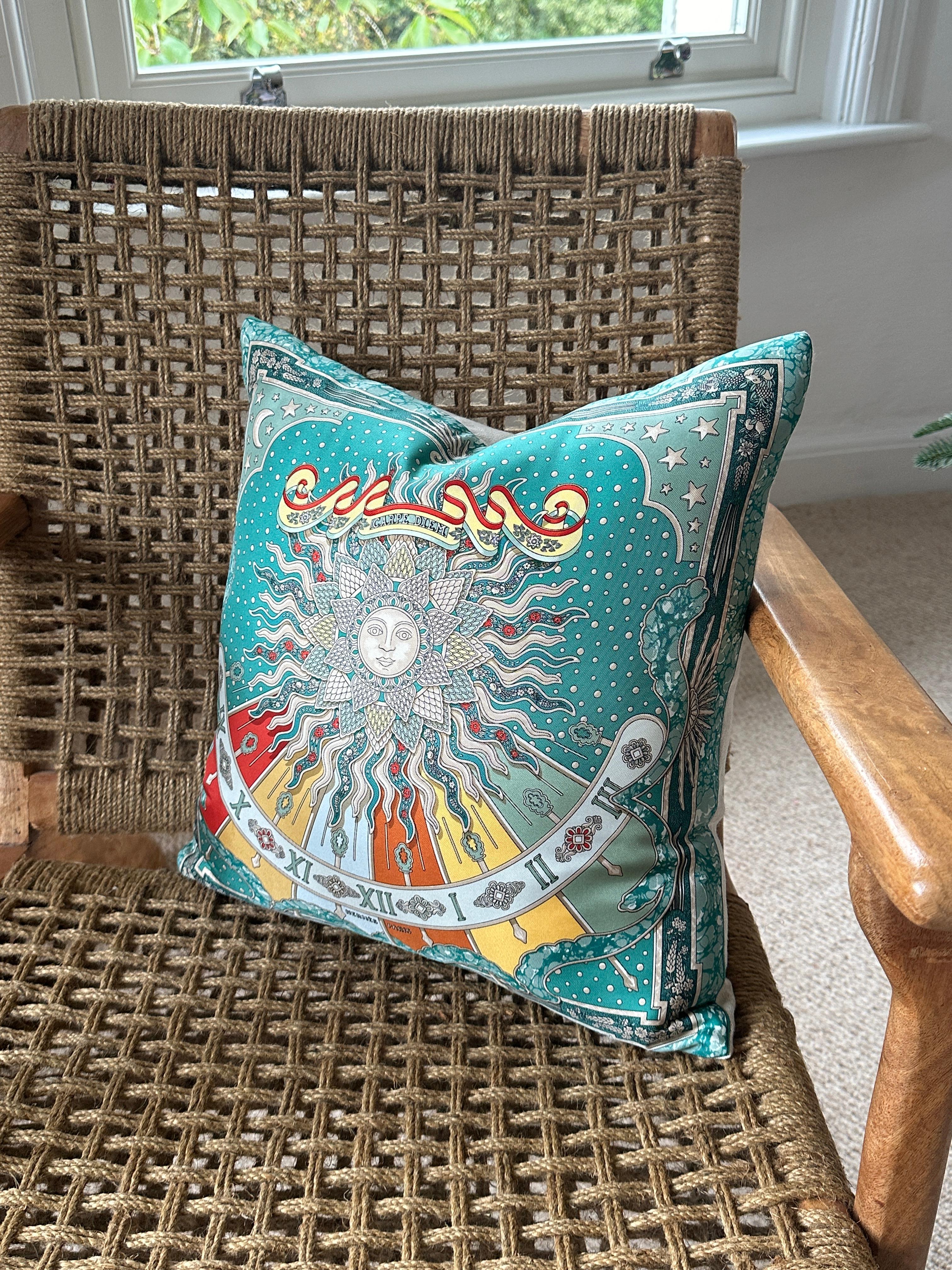 Vintage Hermes Silk Scarf and Irish Linen Luxury Cushion Pillow Teal Turquoise For Sale 1