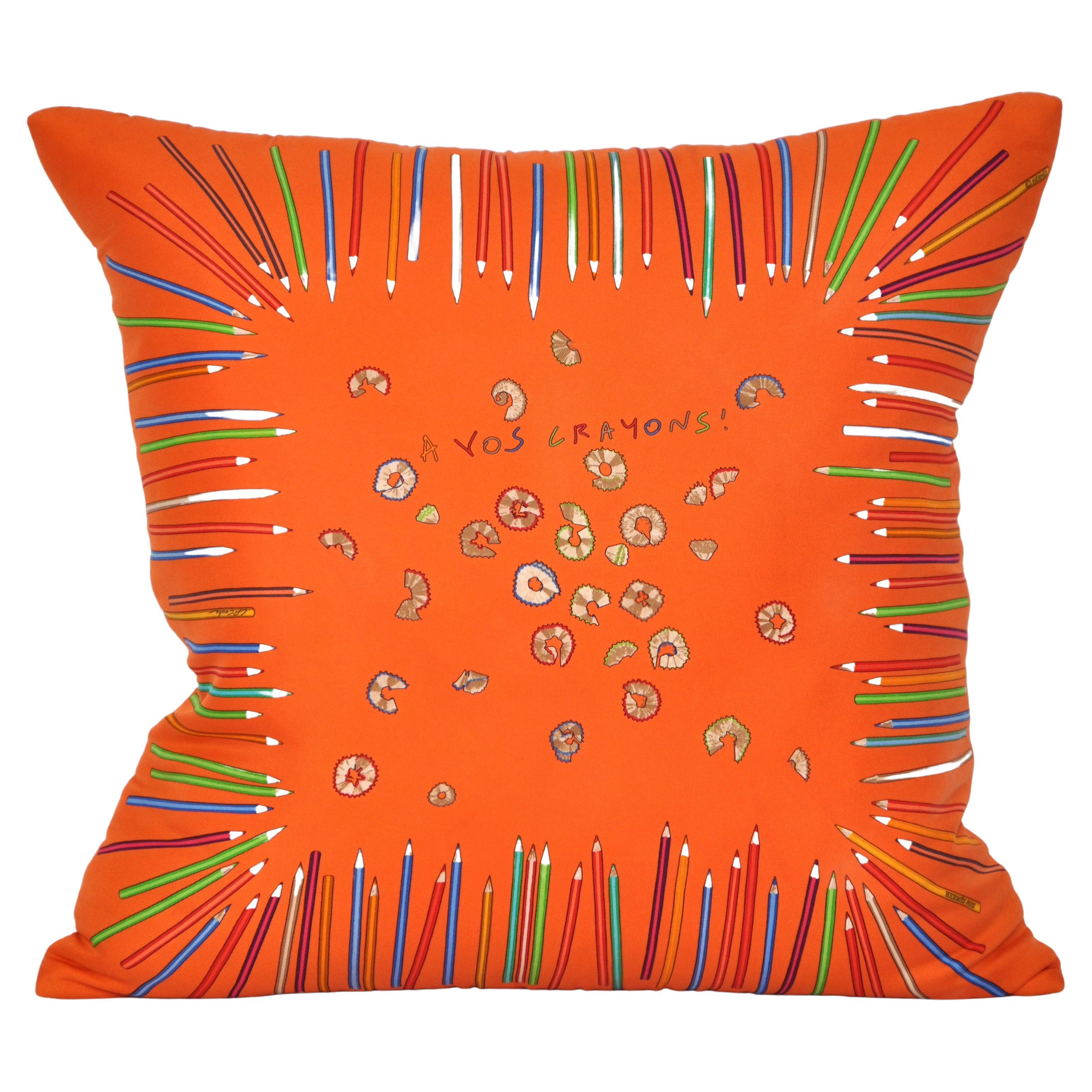 Vintage Hermes Silk Scarf backed in Linen Pillow Cushion Quirky Bright Orange For Sale