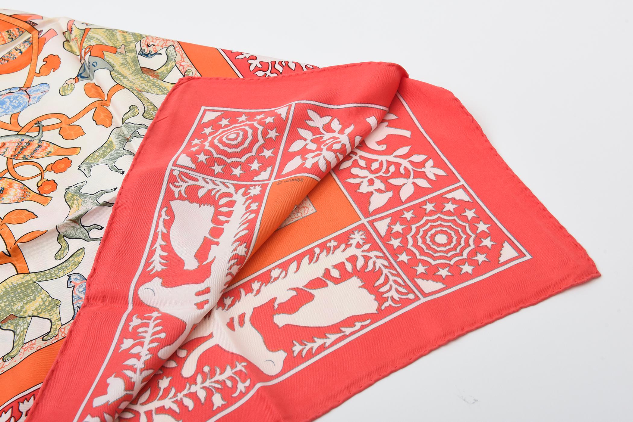 Pañuelo de seda vintage Hermes principios de los 70 rojo, naranja, verde salvia, azul en venta 5