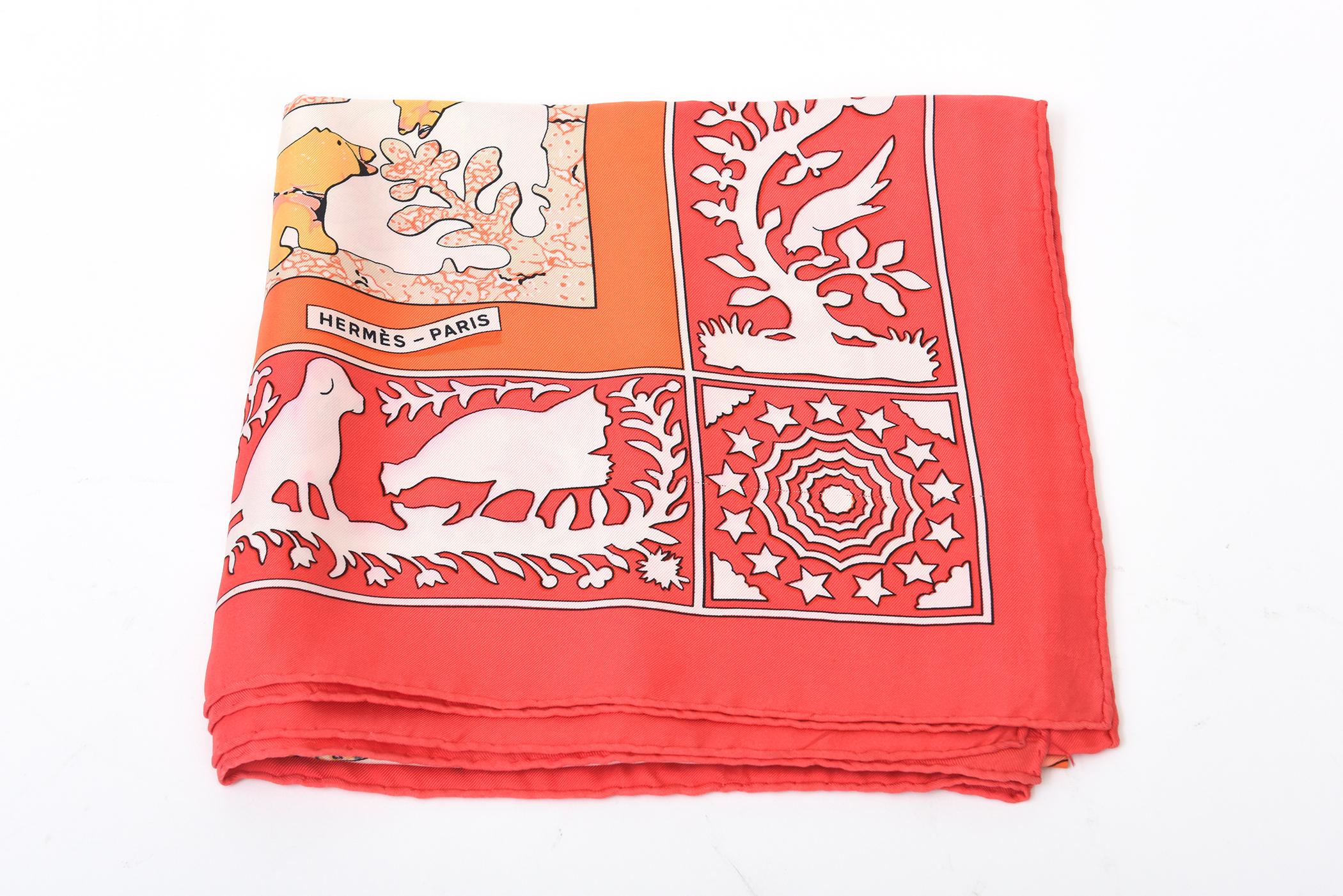 Pañuelo de seda vintage Hermes principios de los 70 rojo, naranja, verde salvia, azul en venta 6