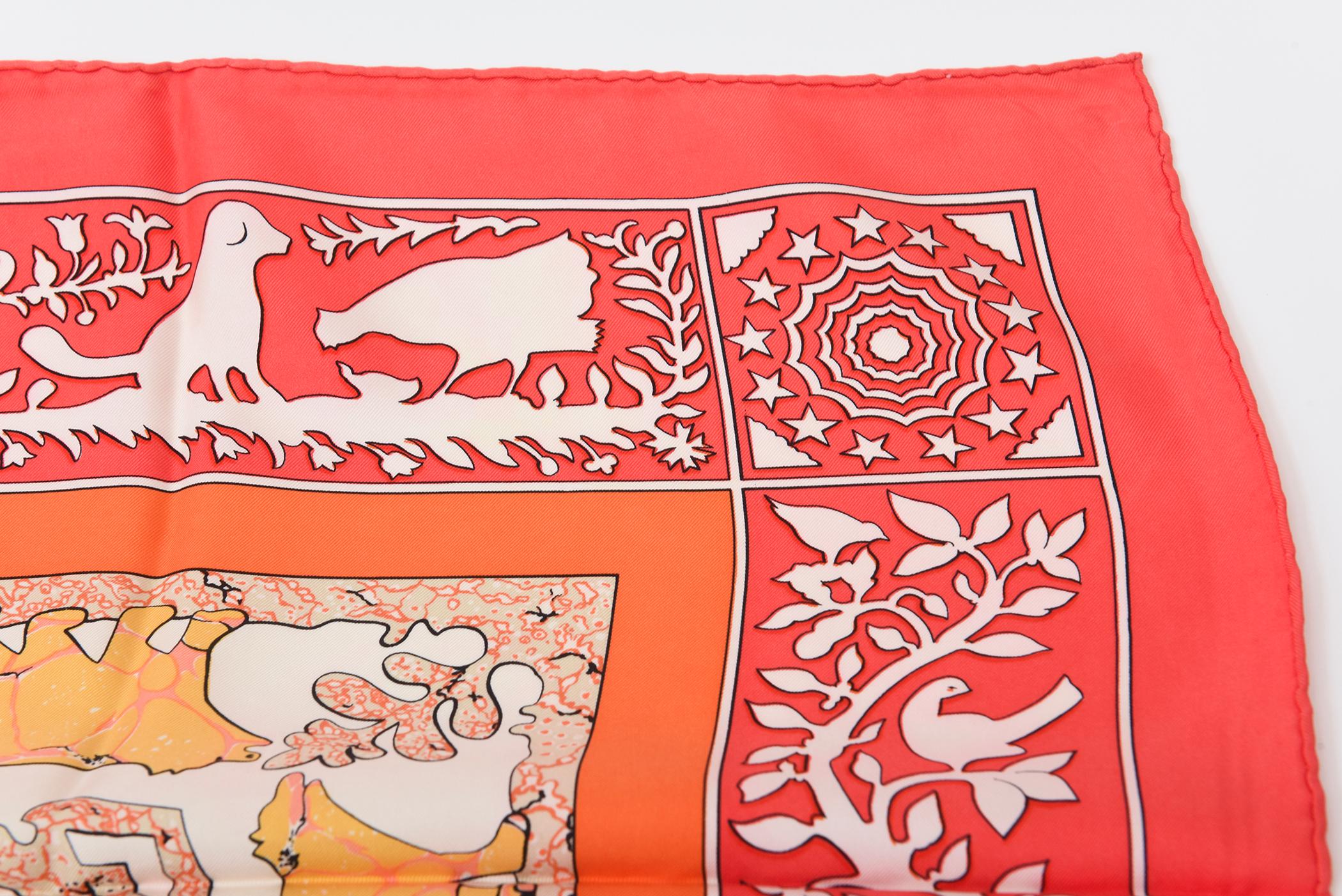 Pañuelo de seda vintage Hermes principios de los 70 rojo, naranja, verde salvia, azul en venta 7