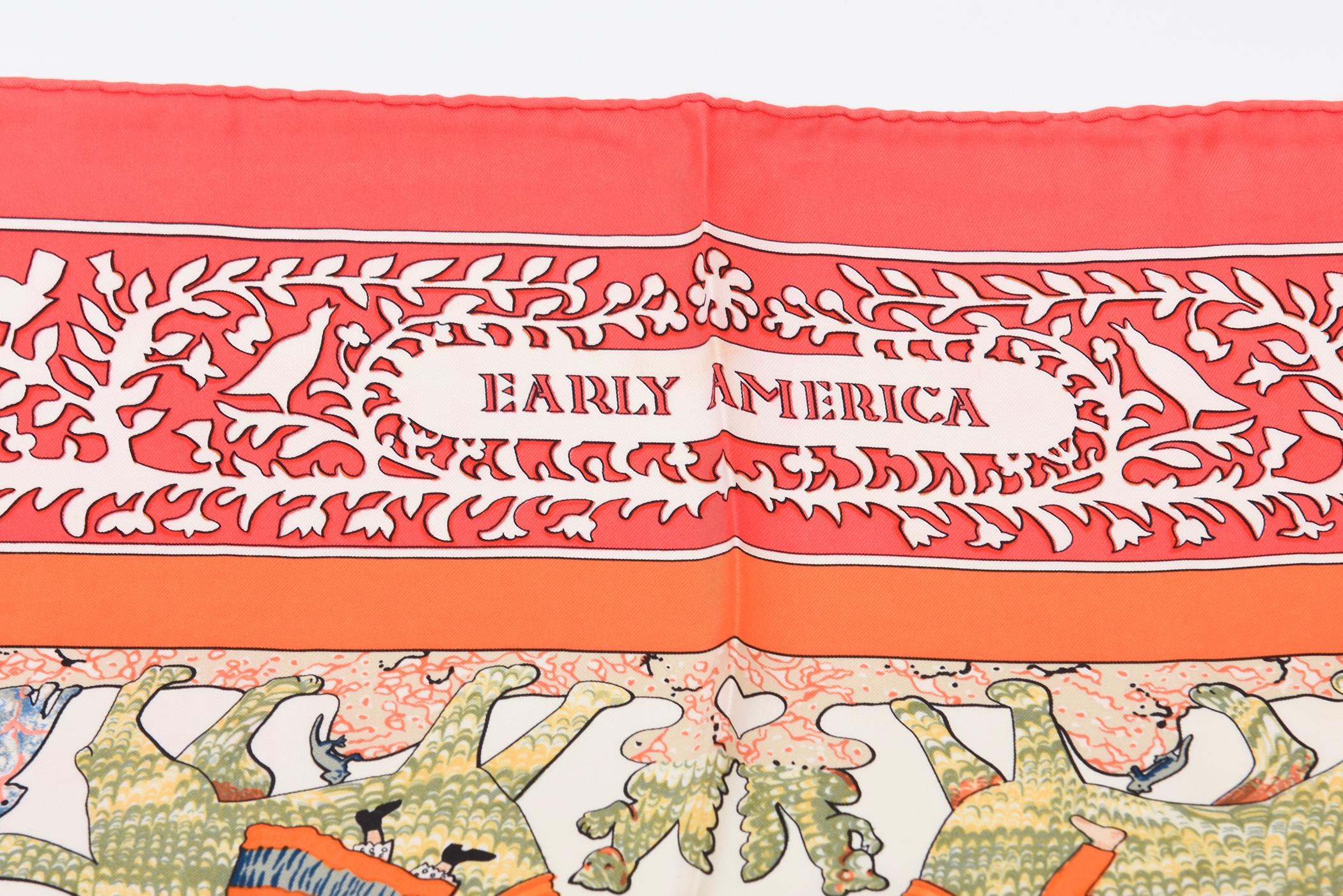 Pañuelo de seda vintage Hermes principios de los 70 rojo, naranja, verde salvia, azul Rosa en venta