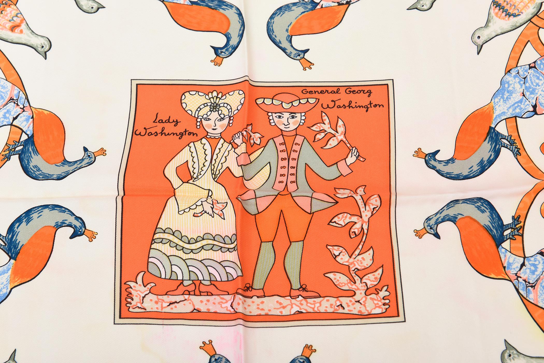Pañuelo de seda vintage Hermes principios de los 70 rojo, naranja, verde salvia, azul en Bueno estado para la venta en North Miami, FL