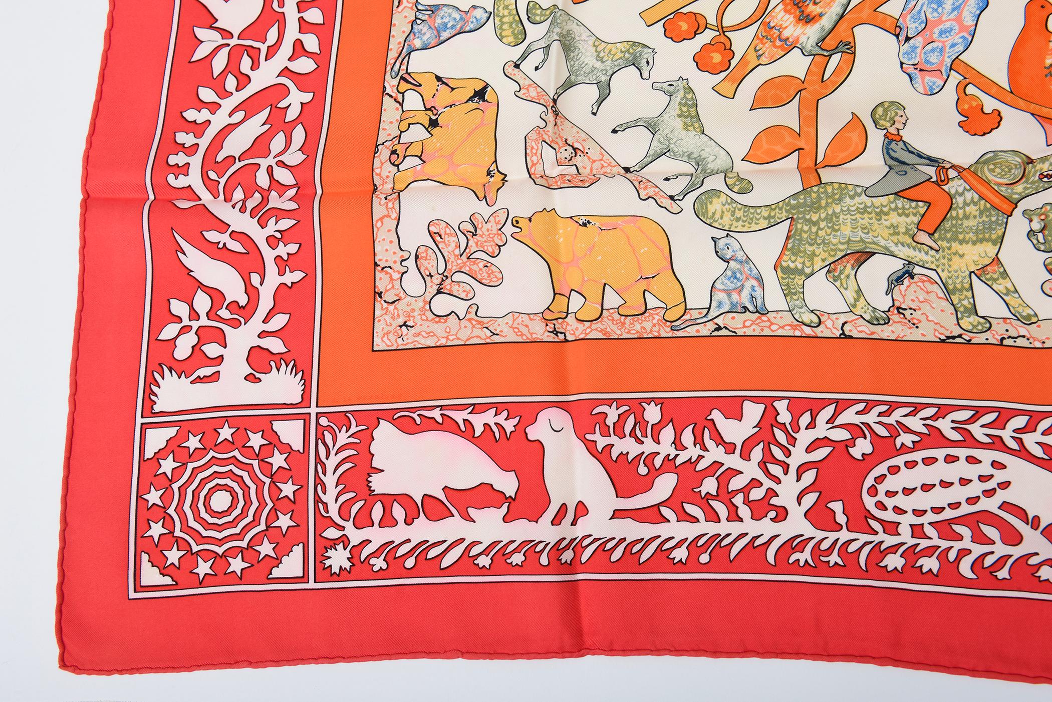 Pañuelo de seda vintage Hermes principios de los 70 rojo, naranja, verde salvia, azul en venta 1