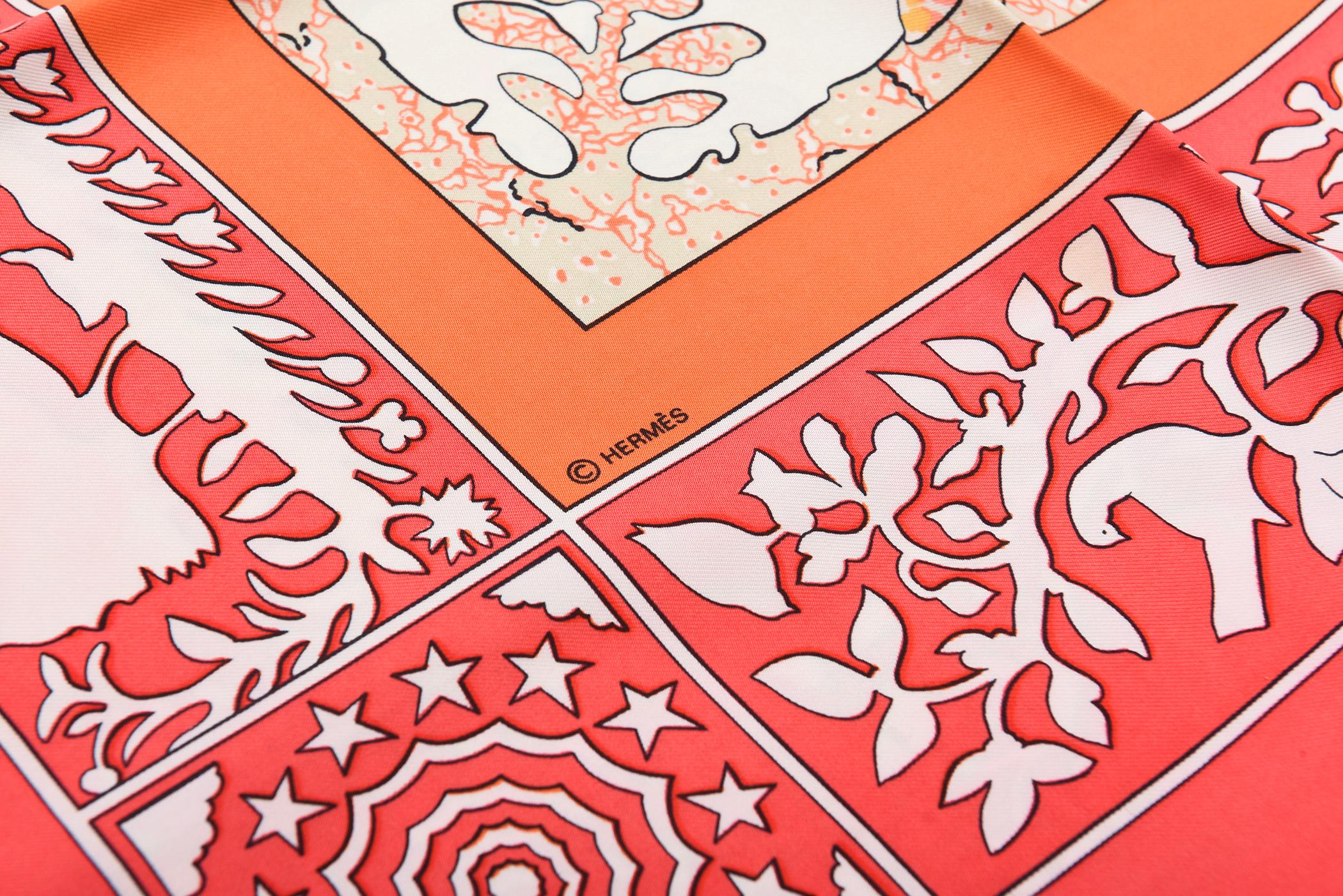 Pañuelo de seda vintage Hermes principios de los 70 rojo, naranja, verde salvia, azul en venta 2