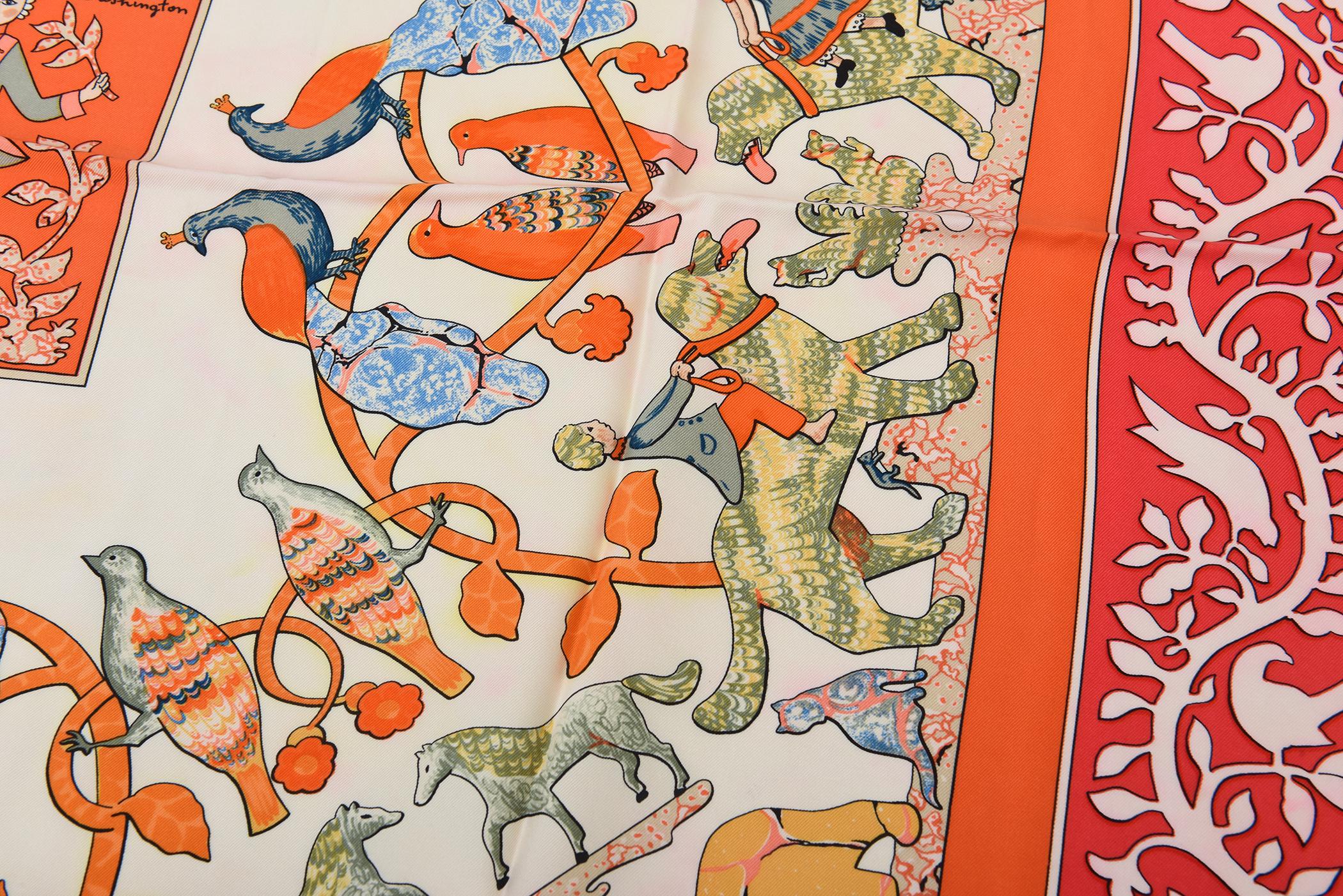 Pañuelo de seda vintage Hermes principios de los 70 rojo, naranja, verde salvia, azul en venta 4