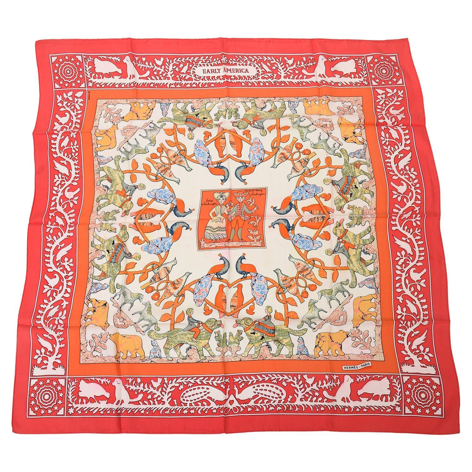 Vintage Hermes Silk Scarf Early America 70's Red, Orange, Sage Green, Blue