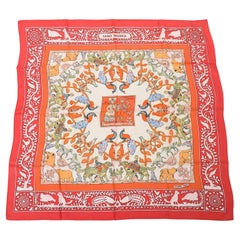 Vintage Hermes Silk Scarf Early America 70's Red, Orange, Sage Green, Blue