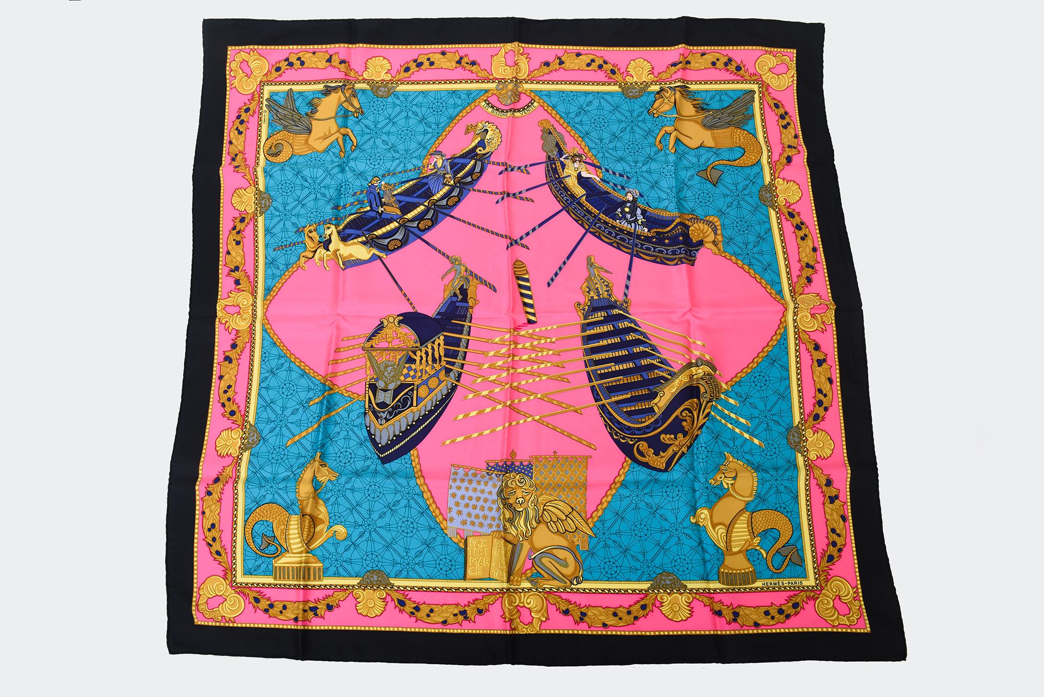 Vintage Hermes Seidenschal Les Bissone de Venice Hot Pink, Türkis, Schwarz, Gold im Angebot 6
