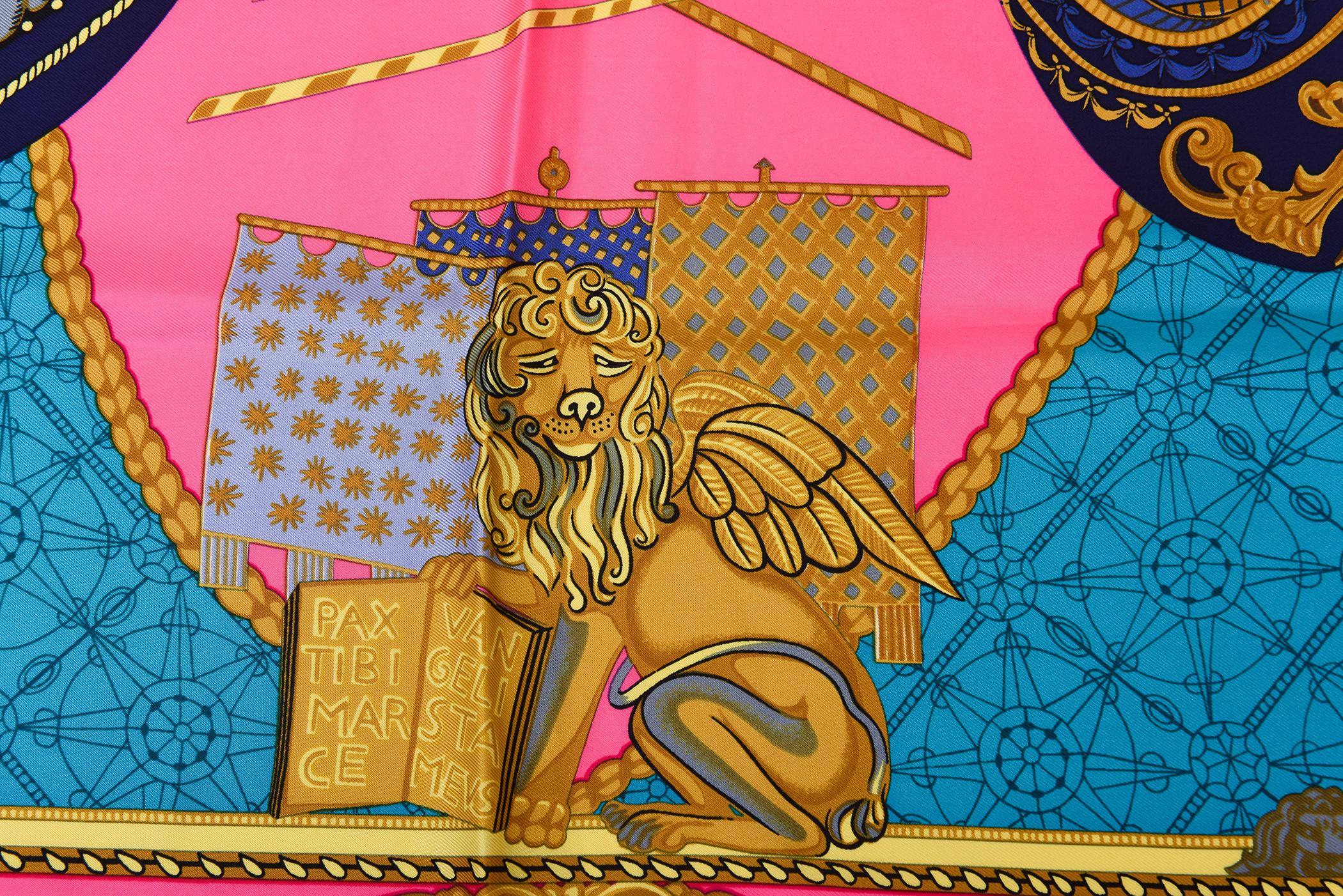 Vintage Hermes Seidenschal Les Bissone de Venice Hot Pink, Türkis, Schwarz, Gold im Angebot 8